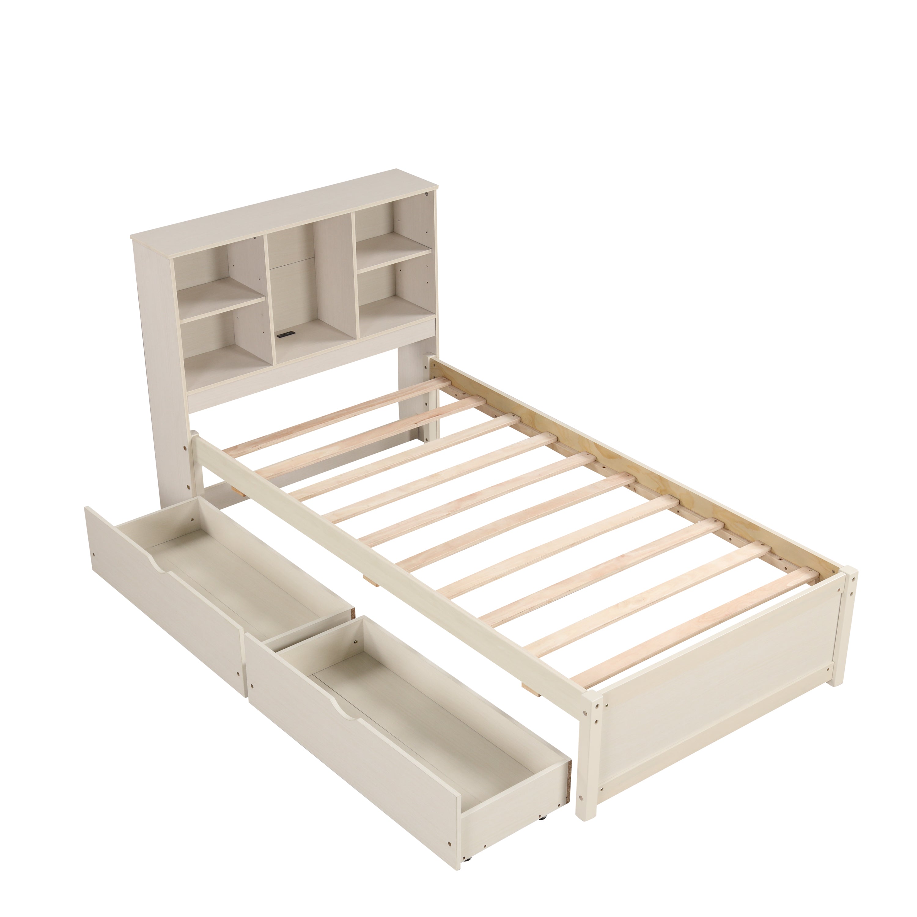 Modern Twin Size Bed Frame With Built-in USB Port on Bookcase Headboard and 2 Drawers for White Washed Color