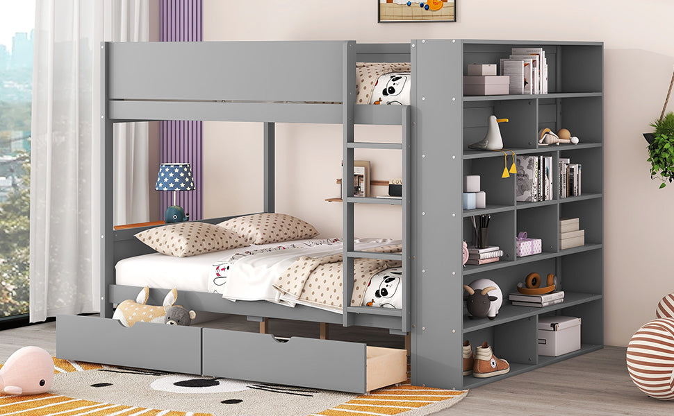 Full over Full Bunk Bed With 2 Drawers and Multi-layer Cabinet, Gray