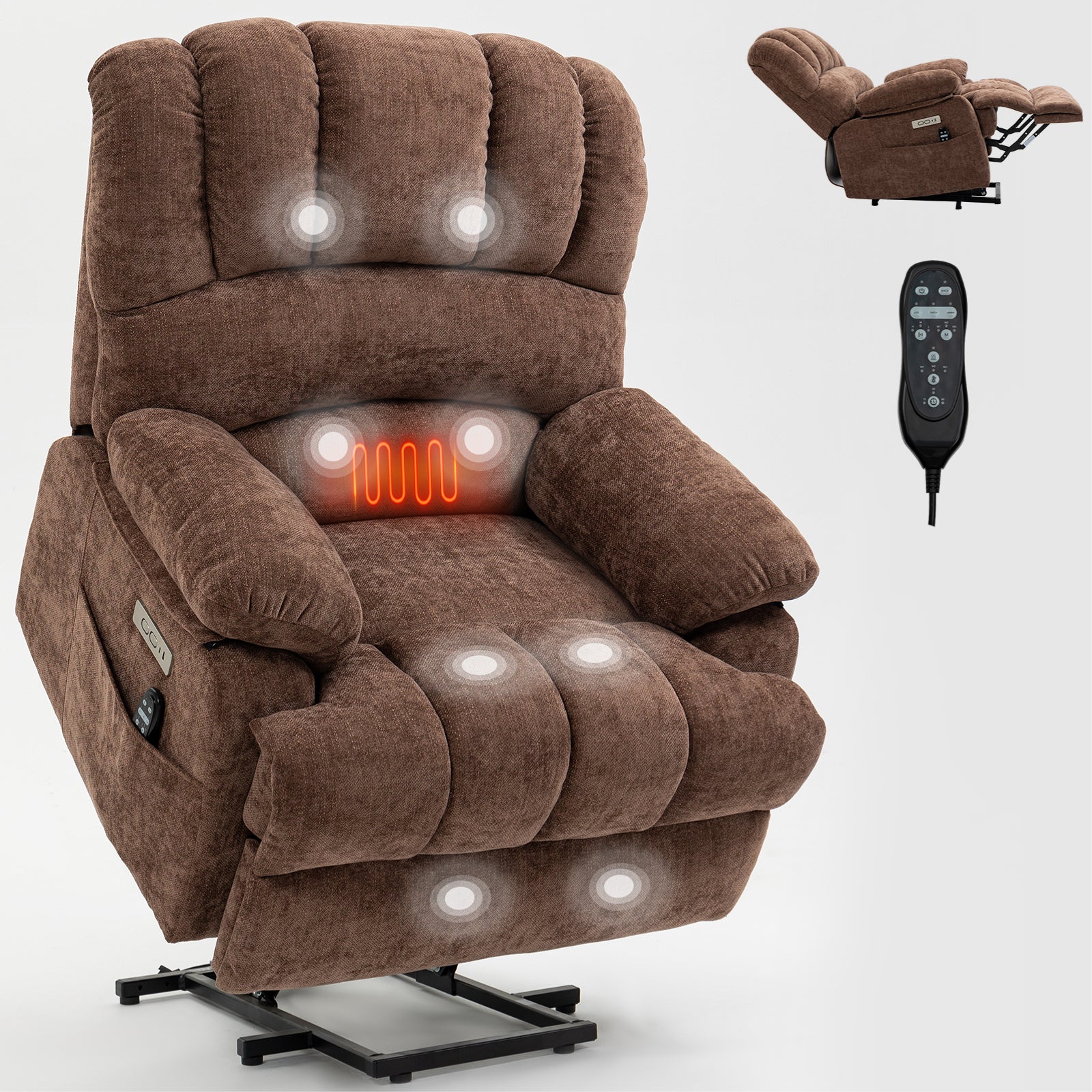 23" Seat Width and High Back Large Size Chenille Power Lift Recliner Chair with 8-Point Vibration Massage and Lumbar Heating, Brown