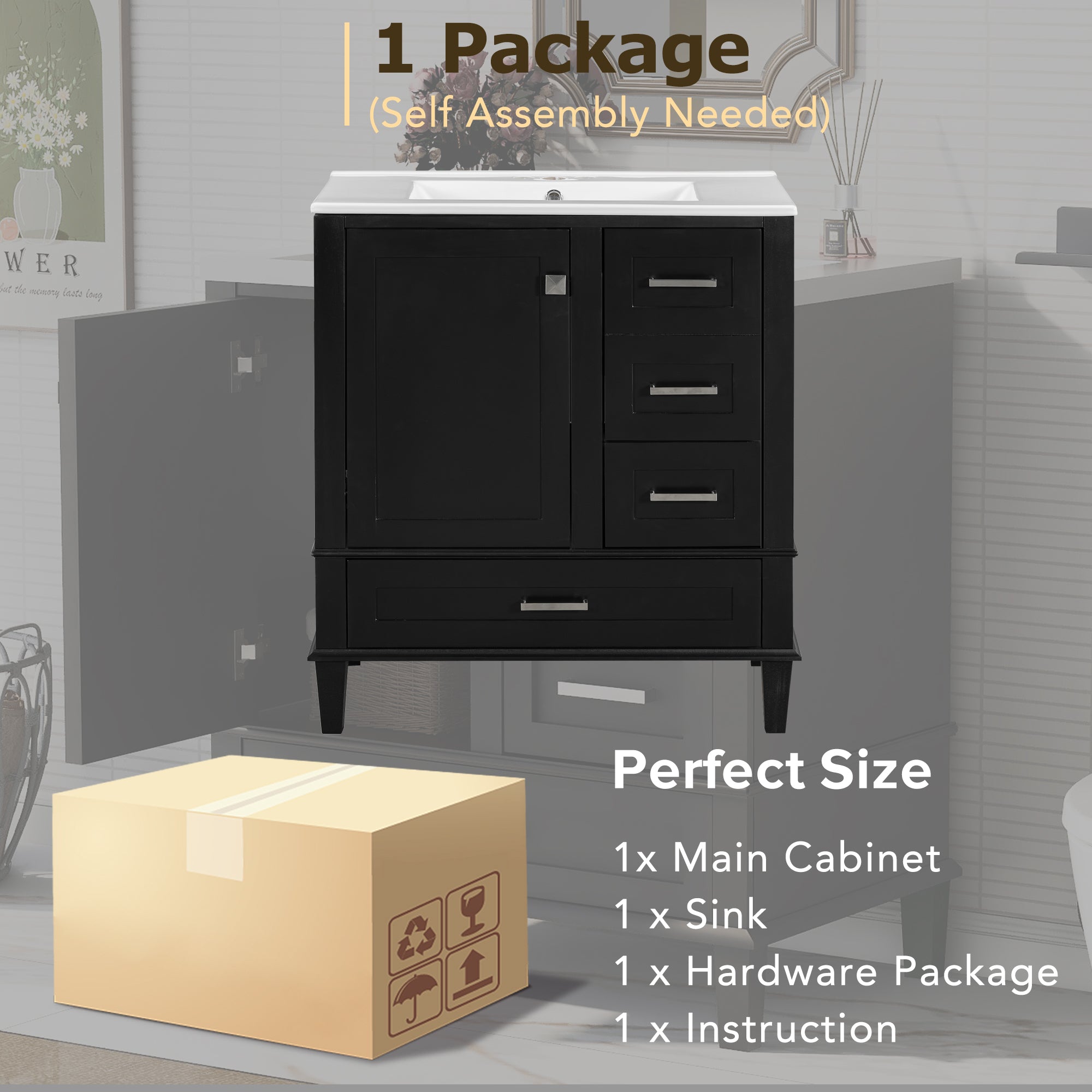 30" Bathroom Vanity , Modern Bathroom Cabinet with Sink Combo Set, Bathroom Storage Cabinet with a Soft Closing Door and 3 Drawers, Solid Wood Frame(Black)