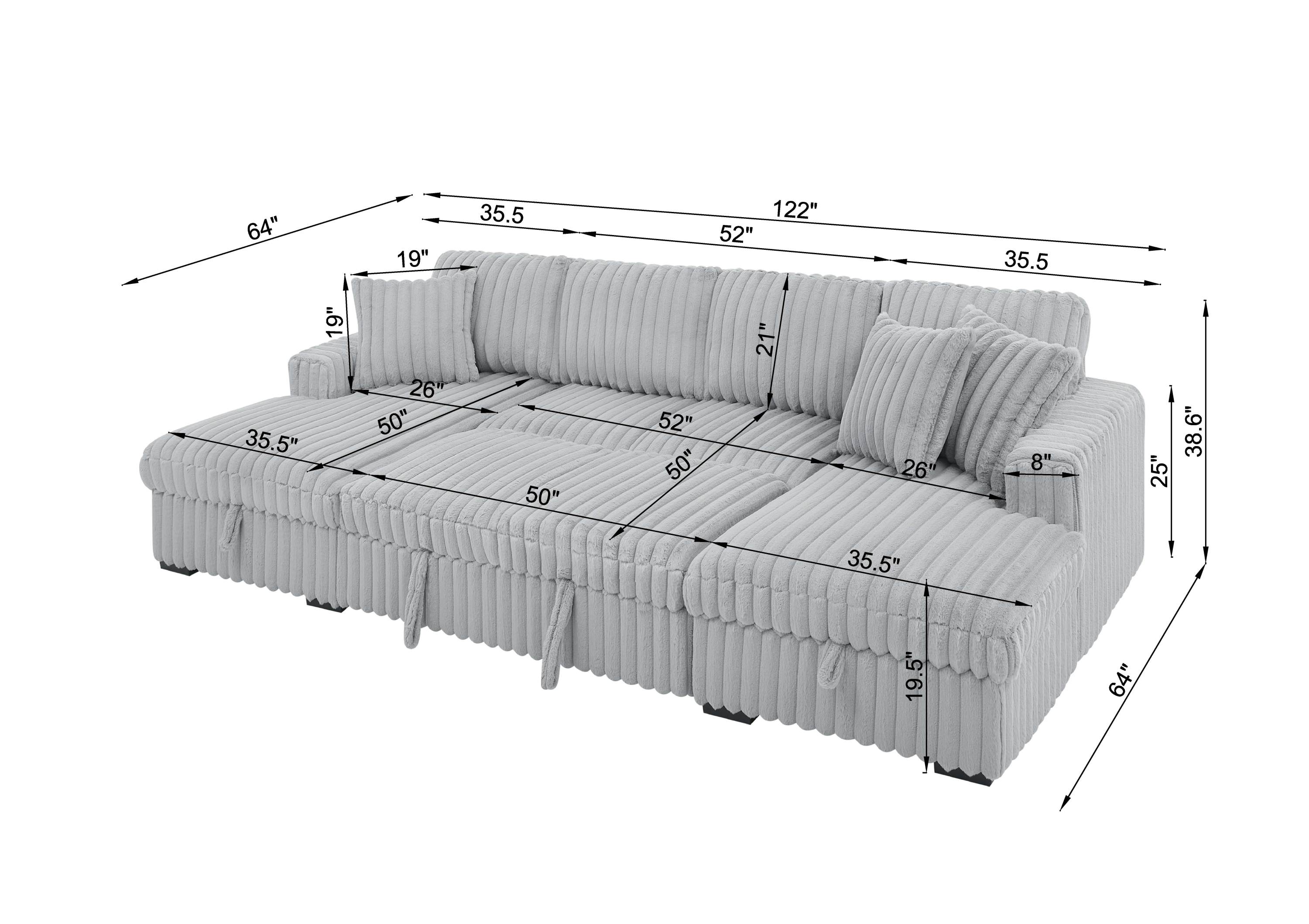 U Shaped Sleeper Sofa, 122 inch Overisze - 2 in 1 Pull Out Bed, Sectional Sleeper Sofa with Double Storage Chaise for Living Room, Rabbit plush Corduroy Fabric Couch, Grey