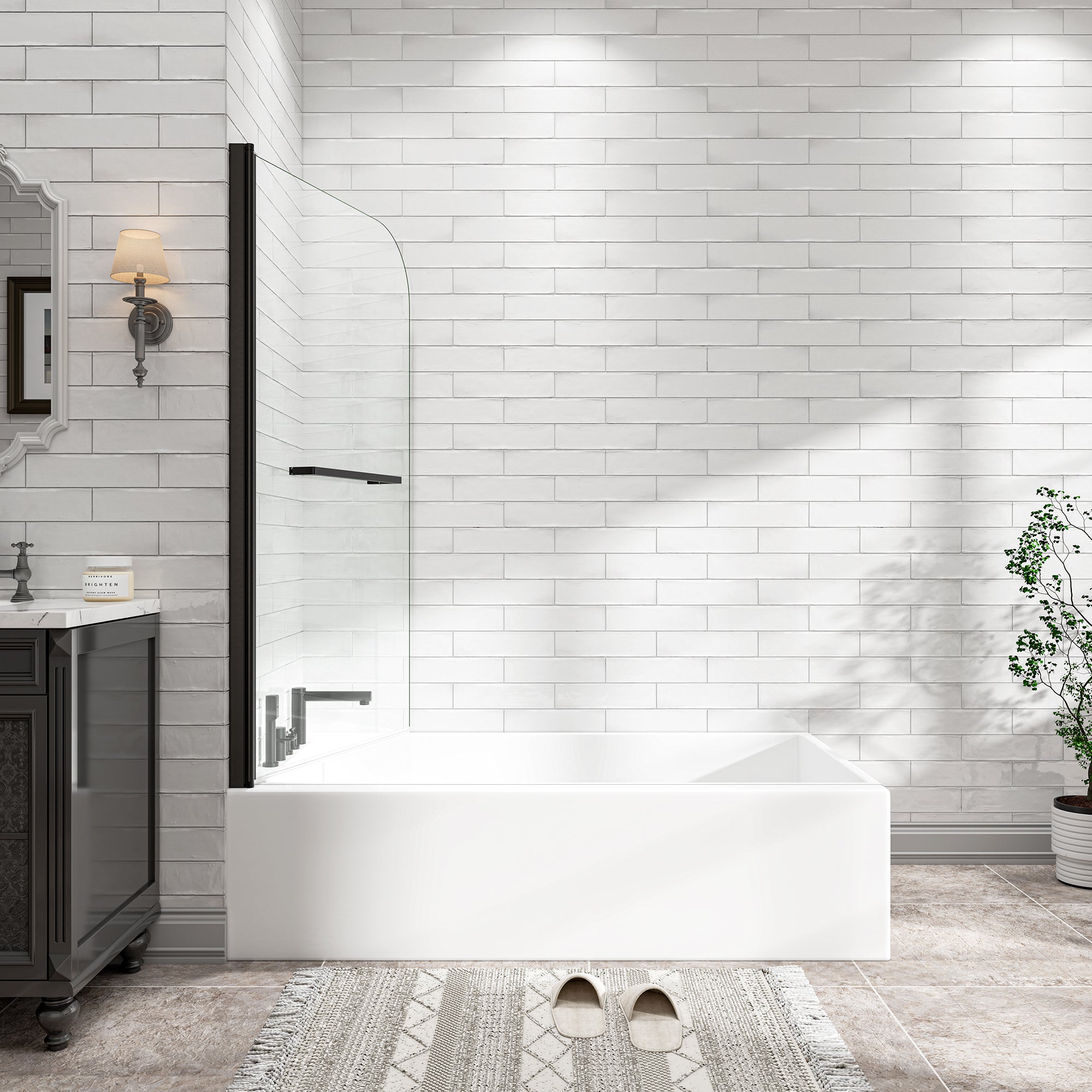 Matte black bathtub screen dimension diagram 31-32 x 55 in.