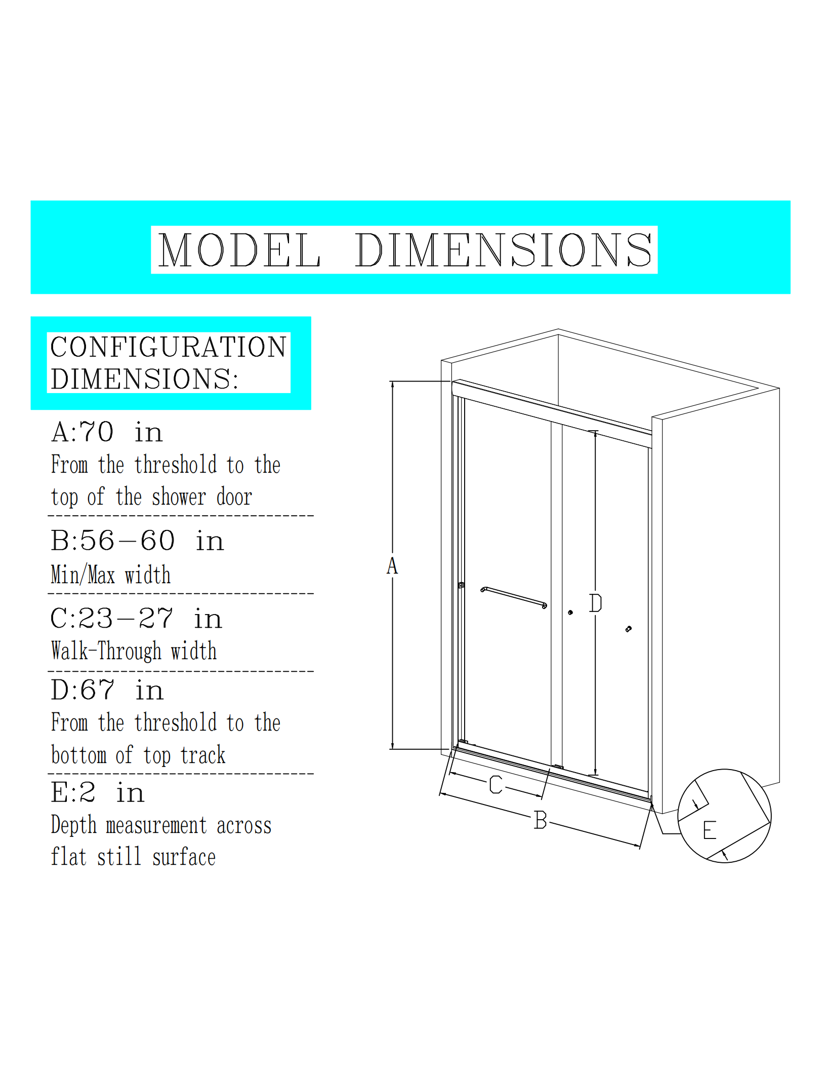 56"-60"W x 70" H  Semi-Frameless Double Sliding Shower Door, Bypass Shower Door, 1/4" (6mm) Thick SGCC Tempered Glass Door,  Matte Black