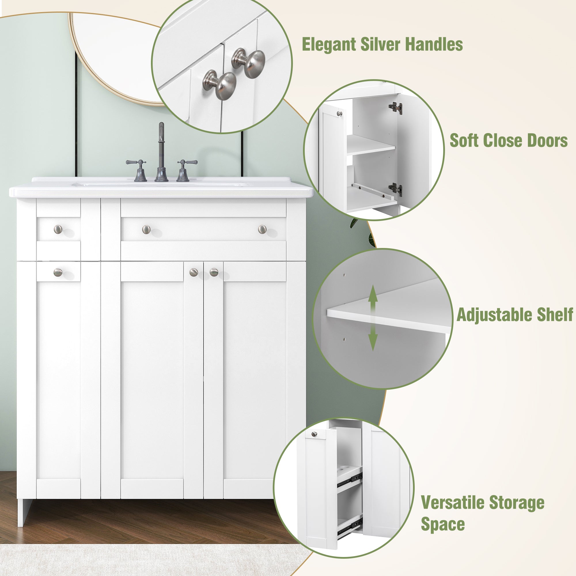 30-Inch White Bathroom Vanity with Ceramic Sink Combo, Abundant Storage Cabinet - 2 Soft close Doors and Double-tier Deep Drawer