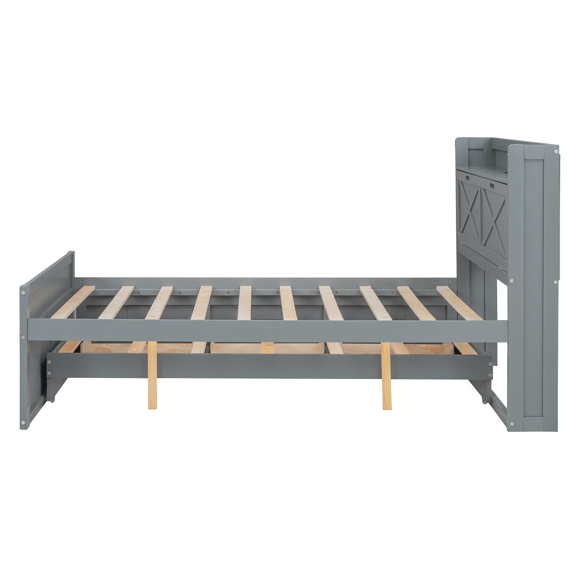 Full Size Wooden Bed with Storage Headboard with Outlets, Extendable Bed with Twin Size Trundle with Three Storage Drawers,Gray