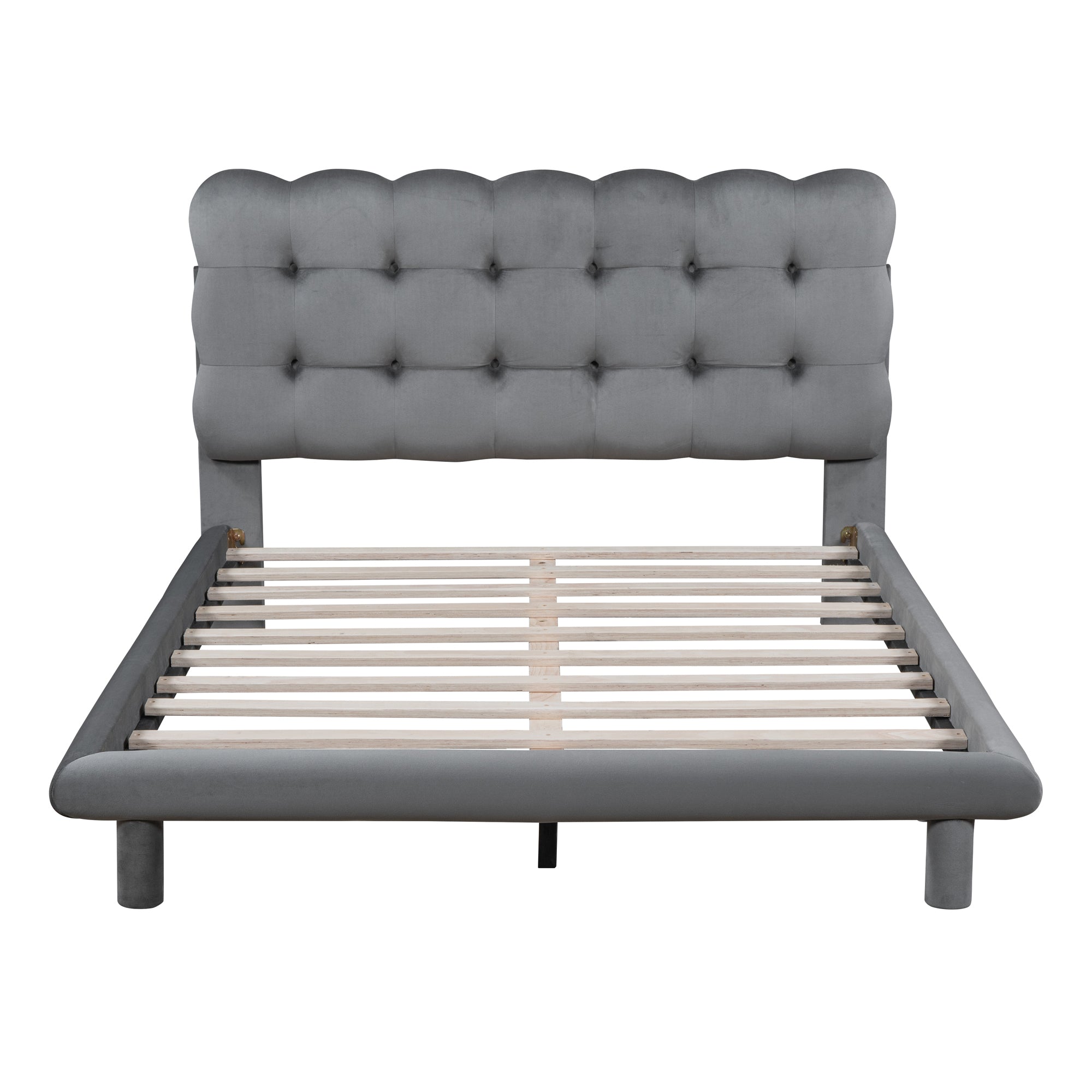 Full Size Velvet Platform Bed with LED Frame, Thick & Soft Fabric and Button-tufted Design Headboard, Gray