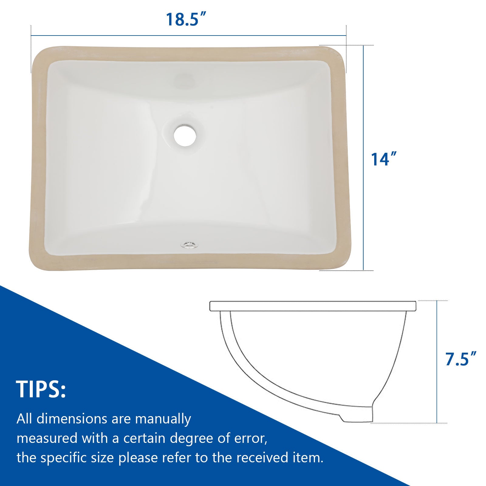 Bathroom Sink Rectangle Deep Bowl Pure White Porcelain Ceramic Lavatory Vanity Sink Basin with Overflow