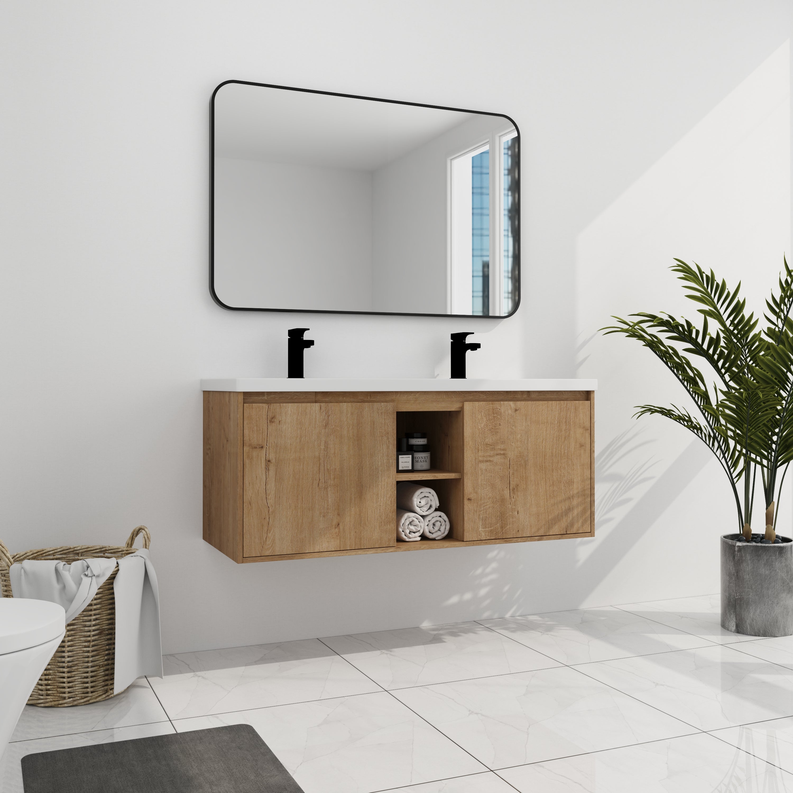 48"  Wall Mounted Bathroom Vanity With Double Sink, Soft Closing Door Hinge (KD-Package)-BVB07248IMOX-GRB4840D