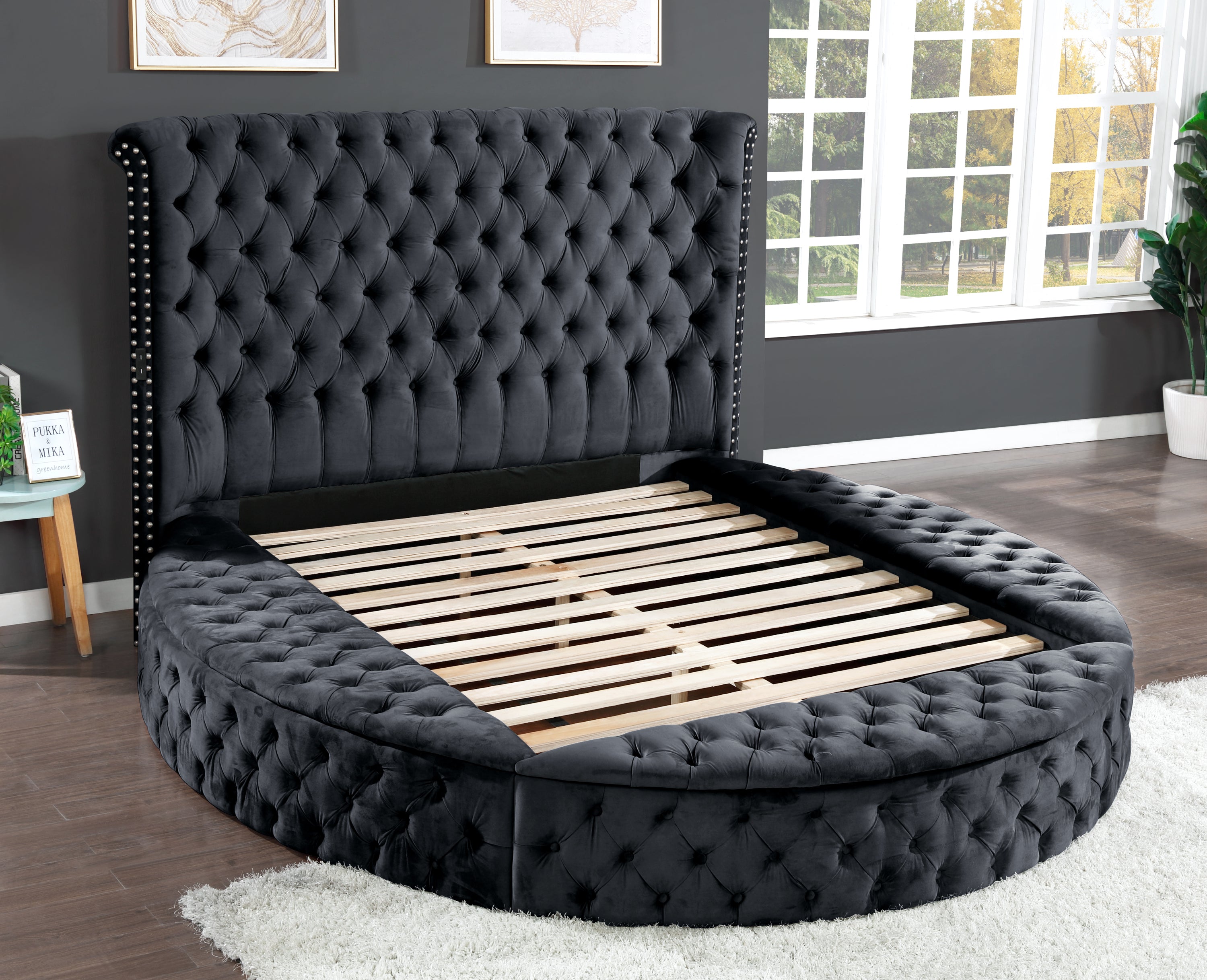 King Size Tufted Upholstery Storage Bed made with Wood in Black