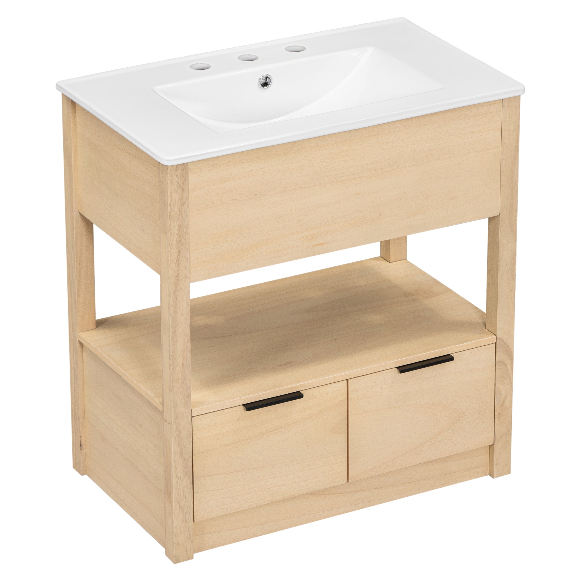 30" Bathroom Vanity with Sink Top, Bathroom Cabinet with Open Storage Shelf and Two Drawers, One Package, Natural (Old Sku:WF311619AAD)