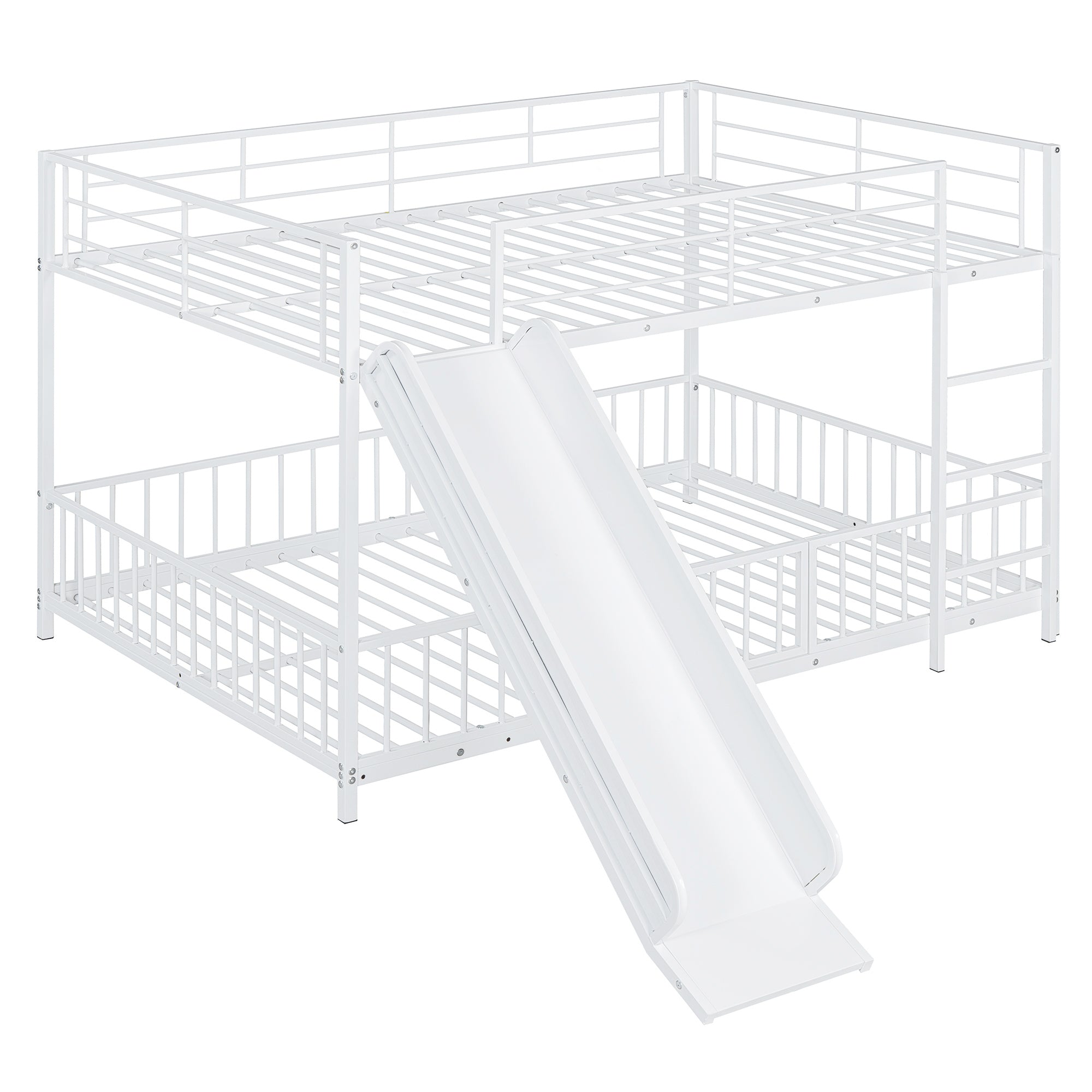 Full over Full Size Metal Bunk Bed with Slide and Guardrails, White