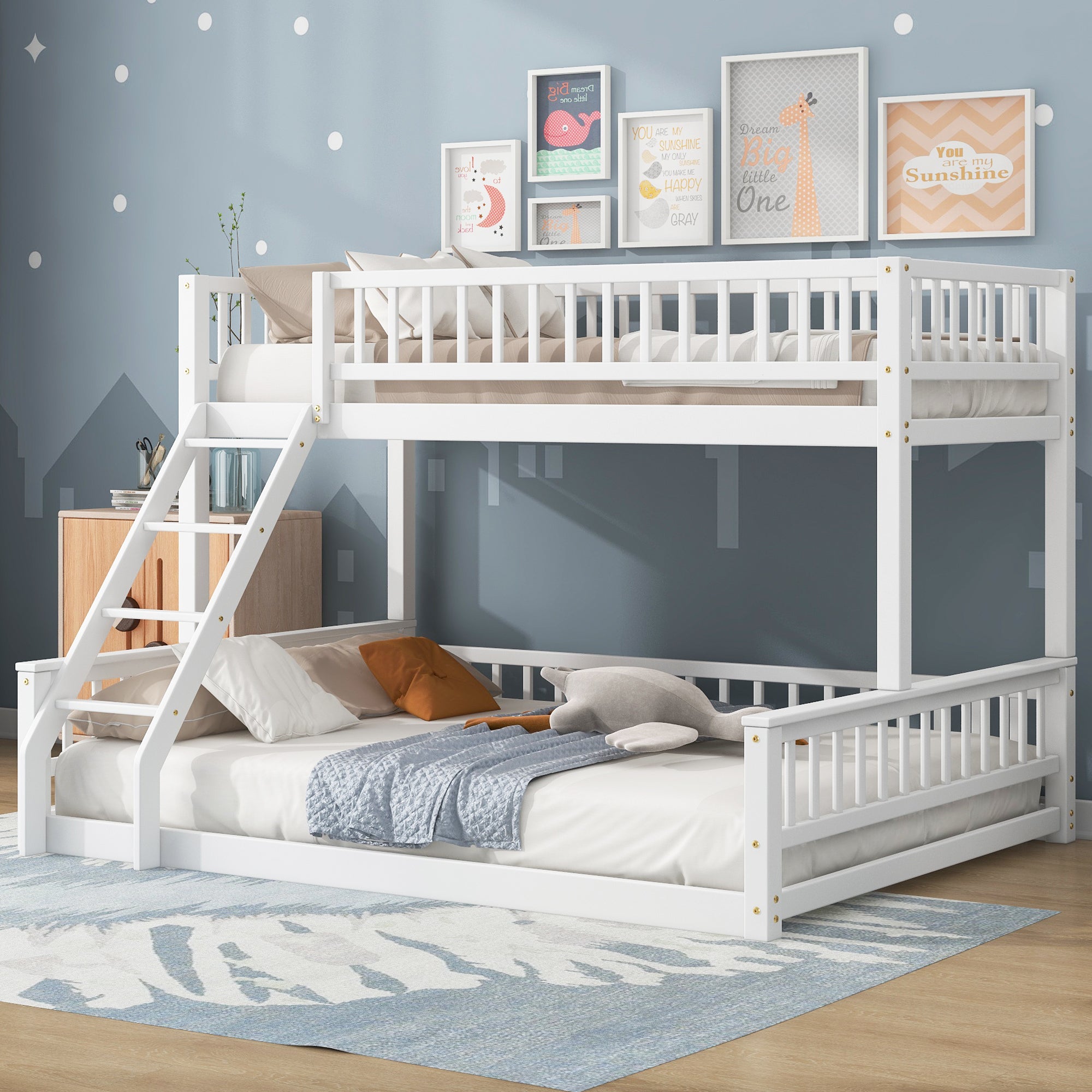 White bunk bed upper Twin XL berth with full guardrails detail