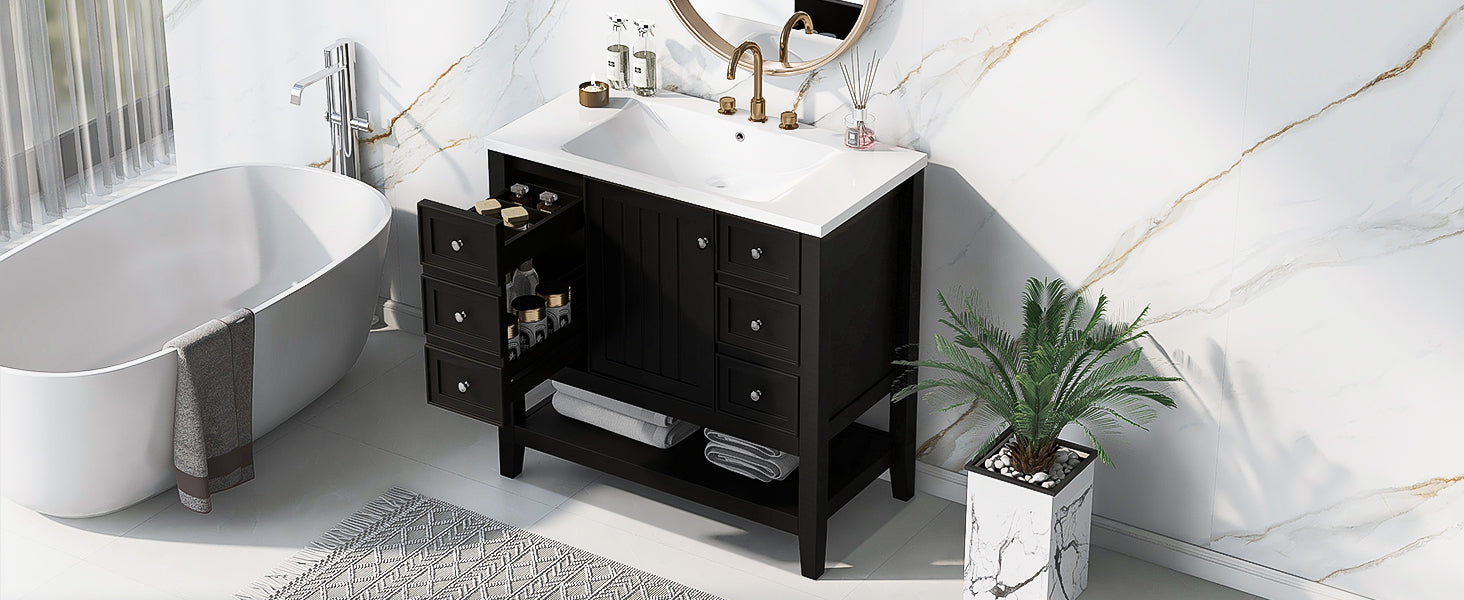 36" Bathroom Vanity with Sink Combo, One Cabinet and Three Drawers, Solid Wood and MDF Board, Black (Old Sku:SY999505AAB)