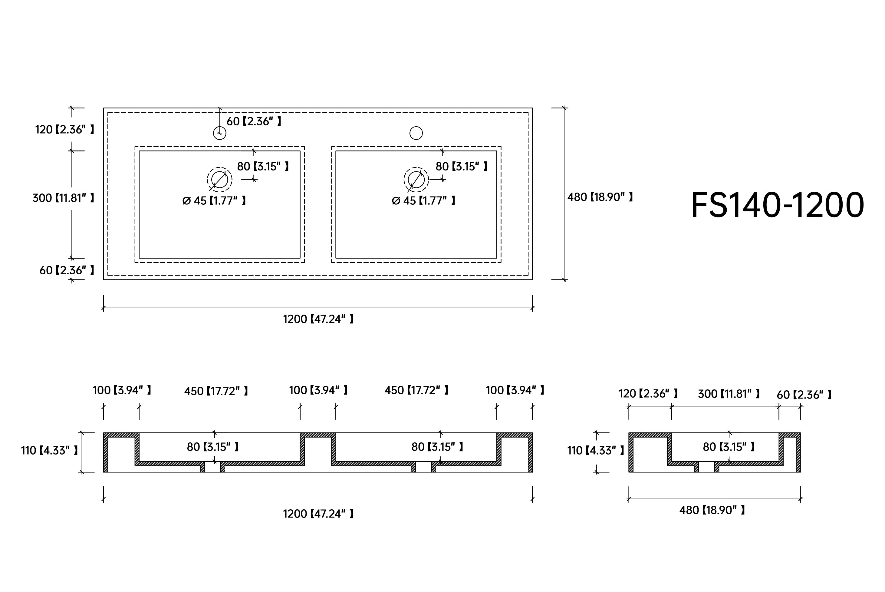 47" Solid surface wall hanging basin (double basin)