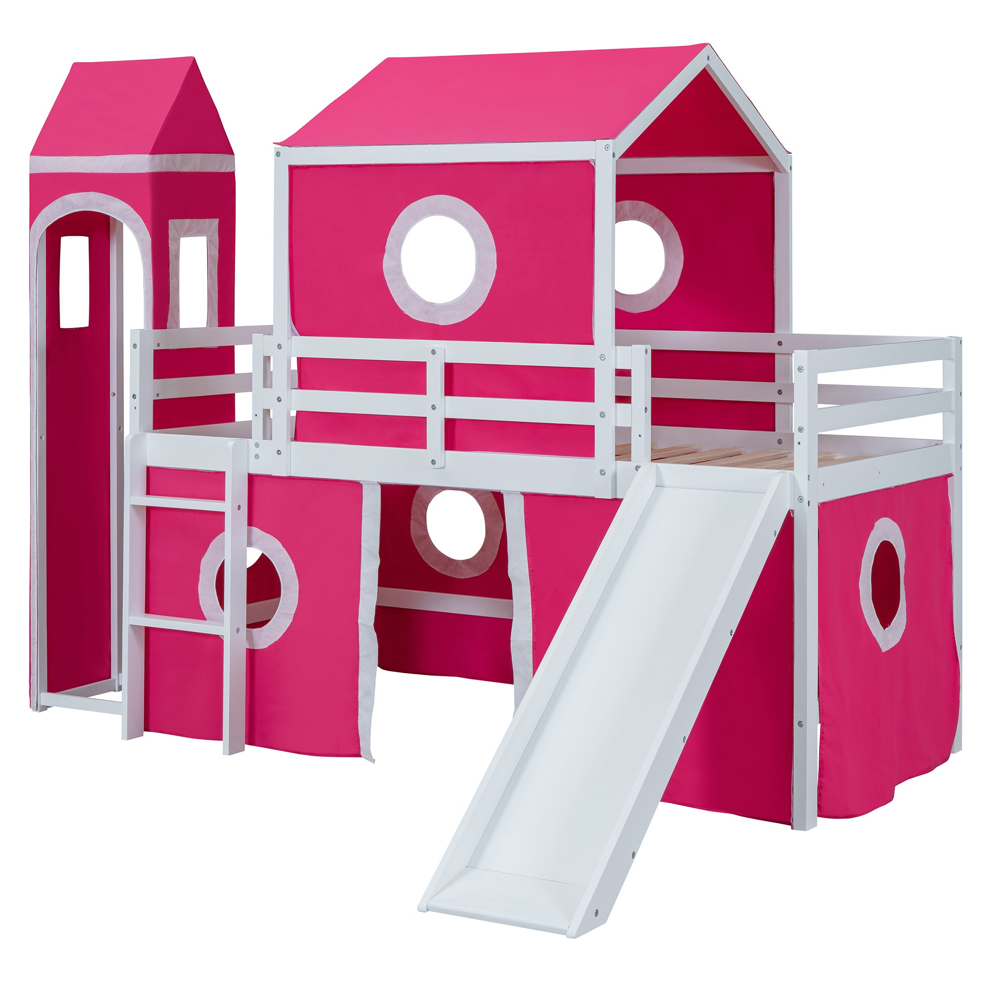 Twin Size Loft  Bed with Slide Pink Tent and Tower - Pink (OLD SKU:WF298769AAH)