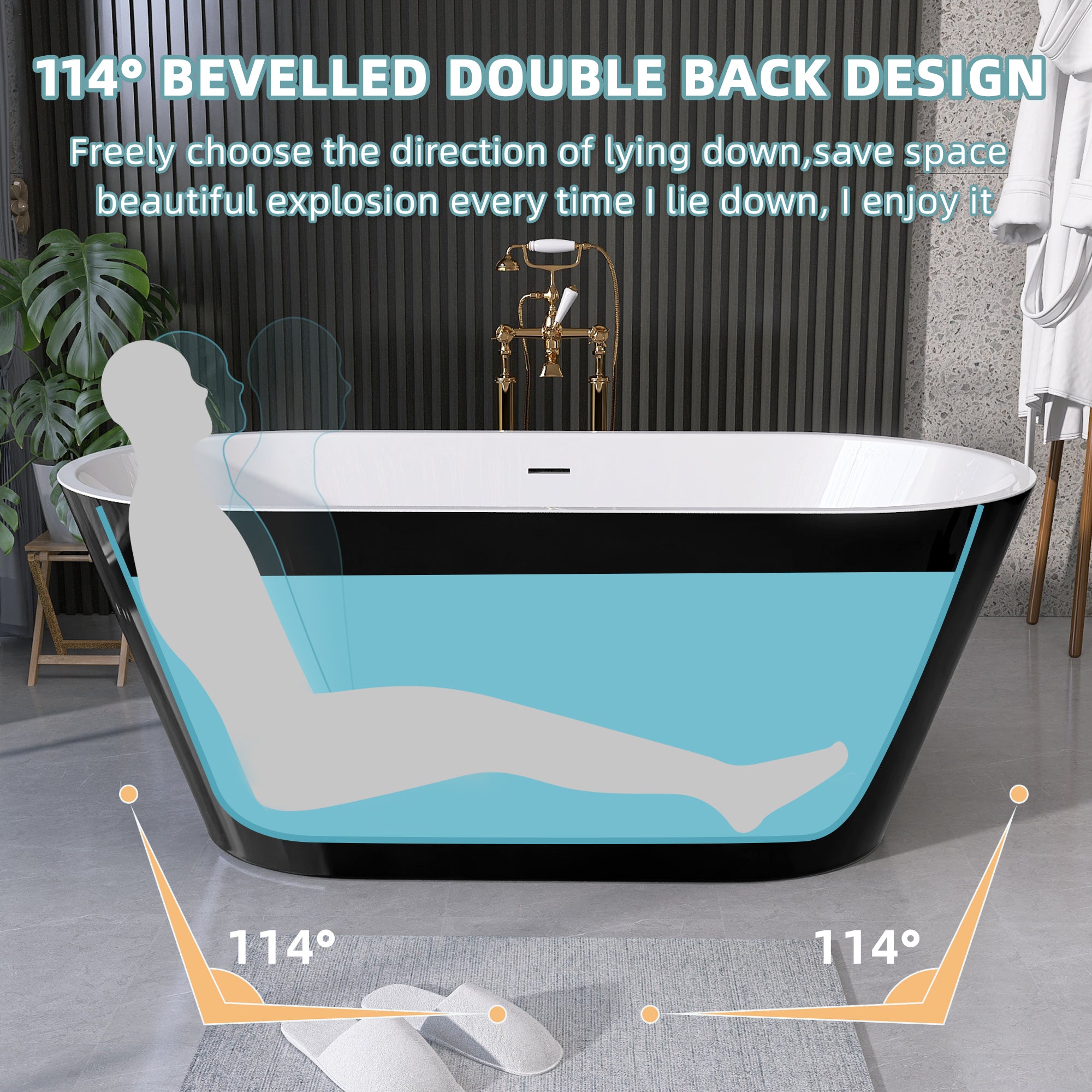 55" Acrylic Freestanding Bathtub Contemporary Soaking White Tub with Overflow and Pop-up Drain Gloss Black