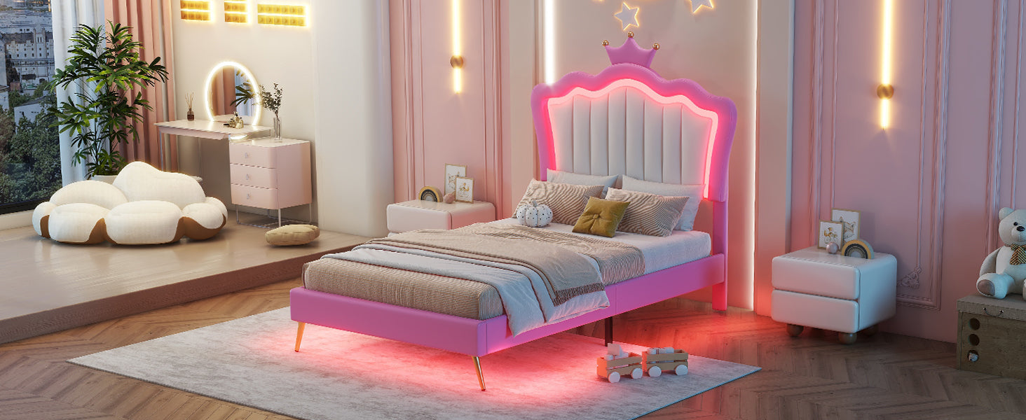 Twin Size Upholstered Bed Frame with LED Lights, Modern Upholstered Princess Bed with Crown Headboard, Pink+White