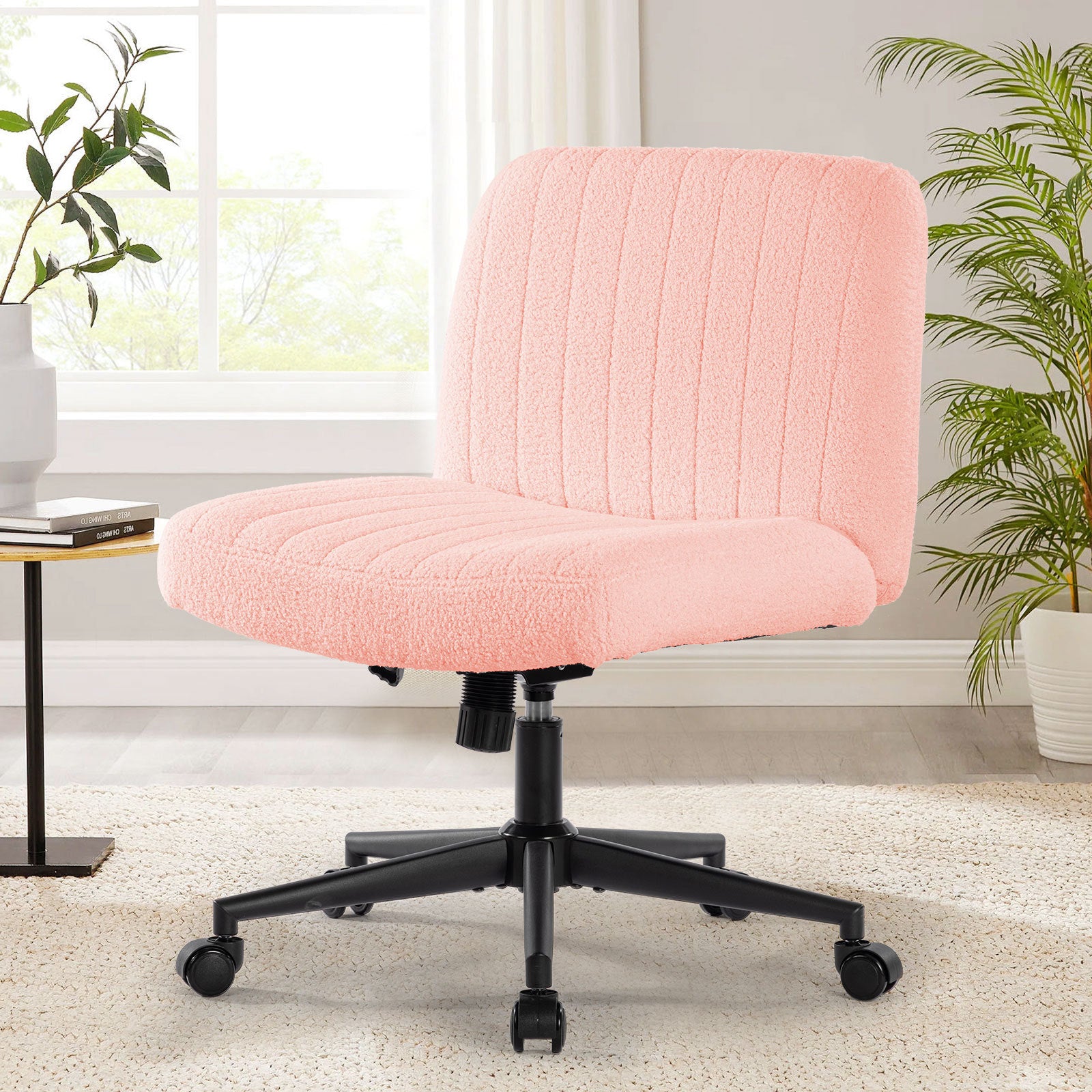 Office chair with wheels, armless office chair, Teddy velvet wide seat home office chair, cute computer chair with 15 ° swing backrest, suitable for bedrooms and dressing tables