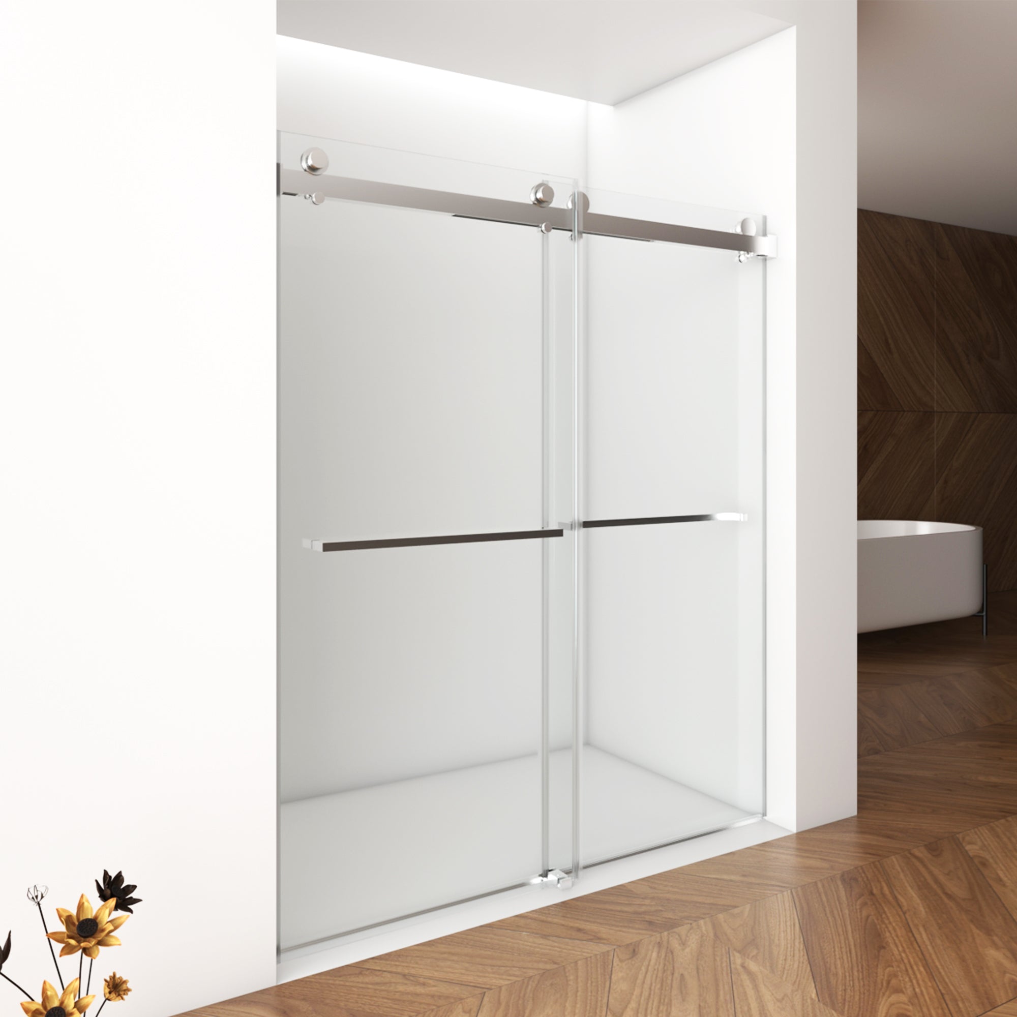 56"-60"W x 76"H Frameless Shower Door, Double Sliding Shower Door, 3/8'' (10mm) Clear Tempered Glass Shower Enclosure with Square Rail,Double Side Easy Clean Coat,Brushed Nickel Finished With Buffer