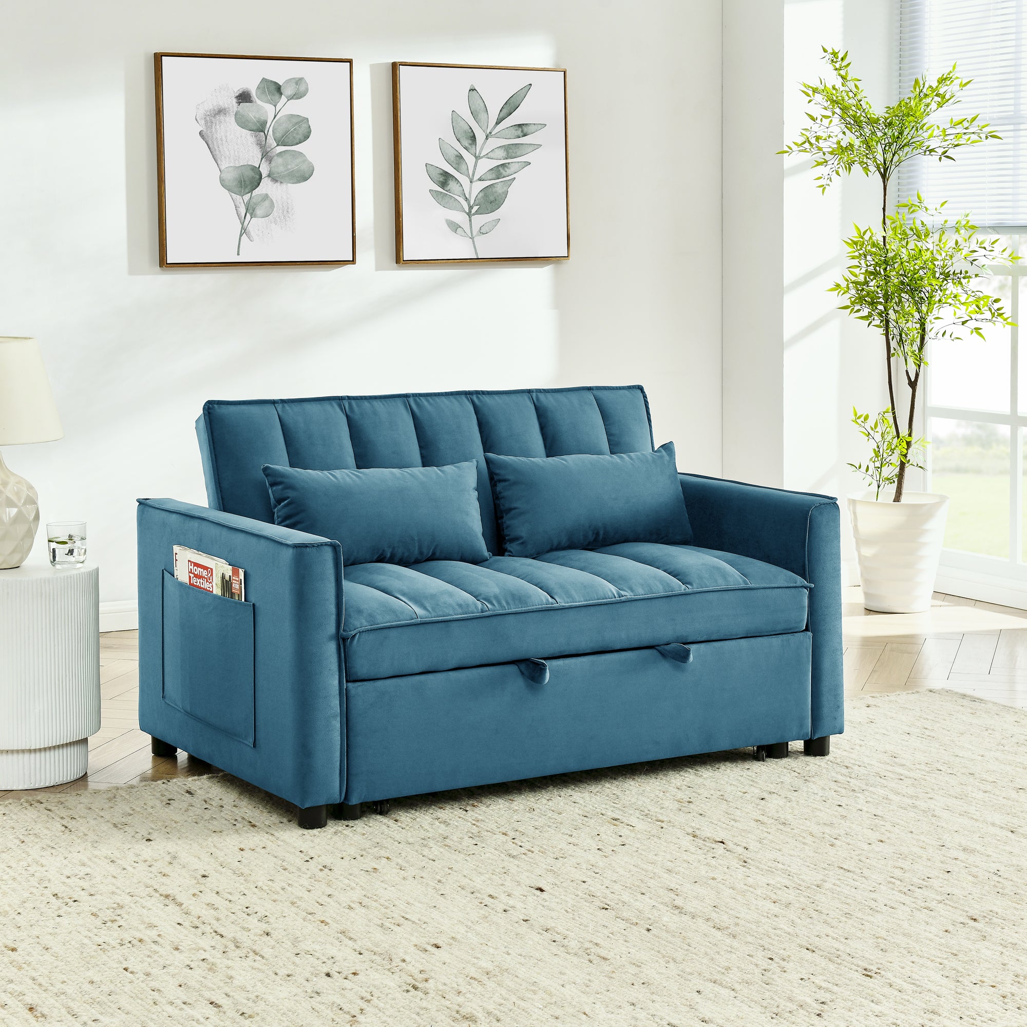 modern velvet loveseat sofa couch  pull out  bed,3 in one convertible for living room sofa bed,blue