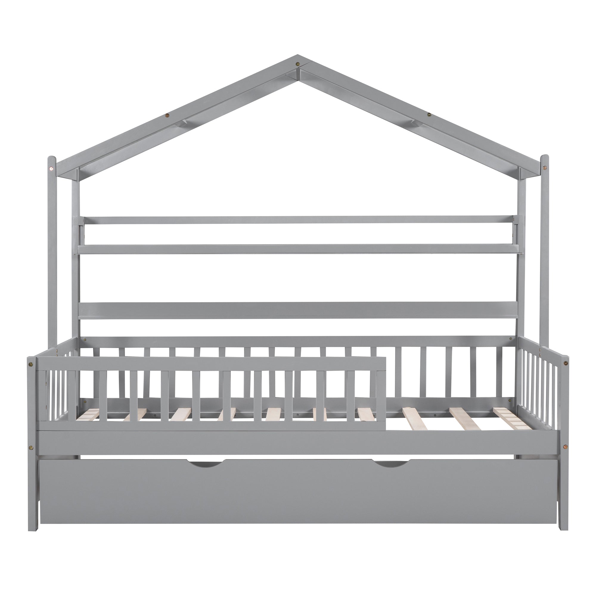 Wooden Twin Size House Bed with Trundle,Kids Bed with Shelf, Gray