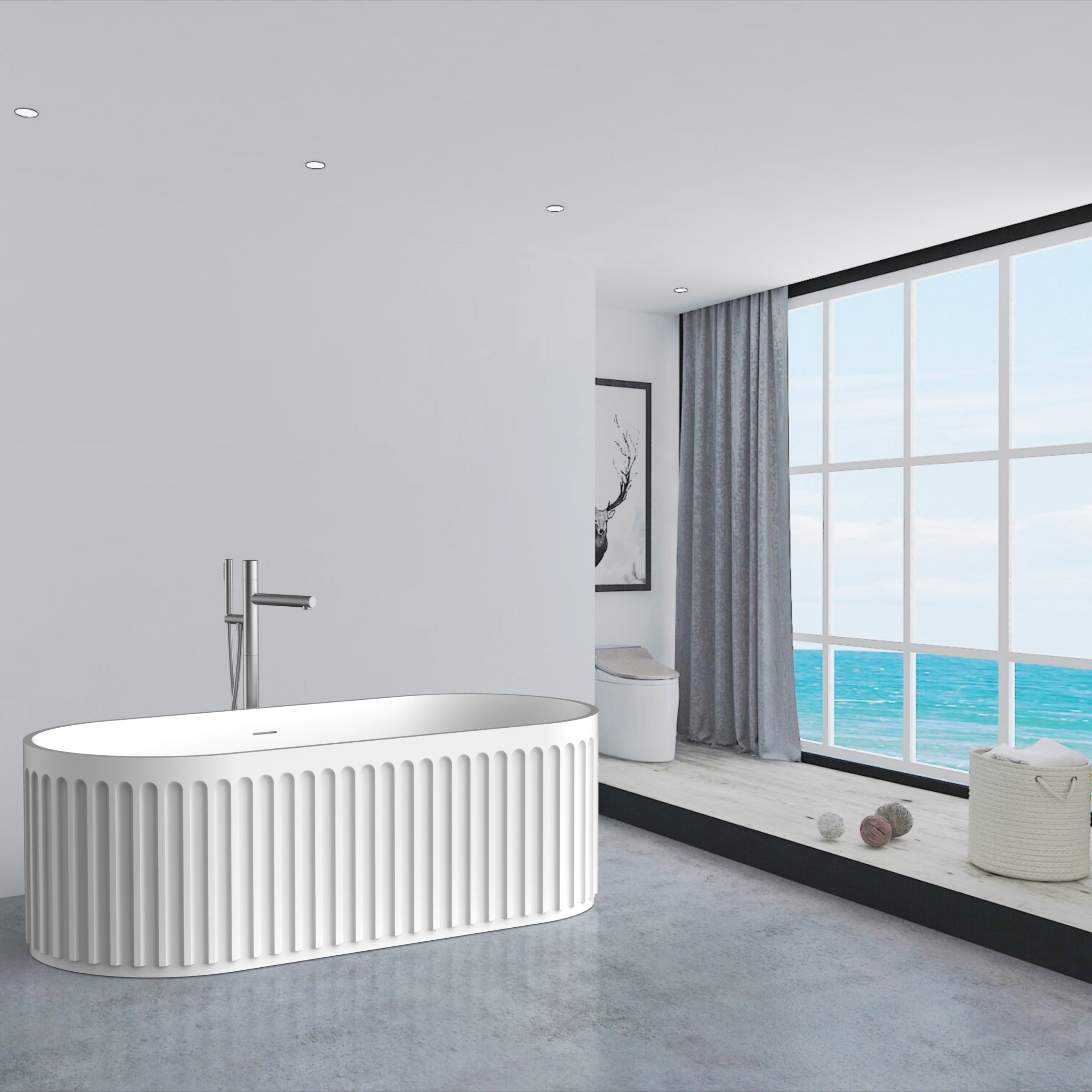 67" Luxury Handcrafted Stone Resin Freestanding Soaking Bathtub with Overflow in Matte White, cUPC Certified - 23S13-67