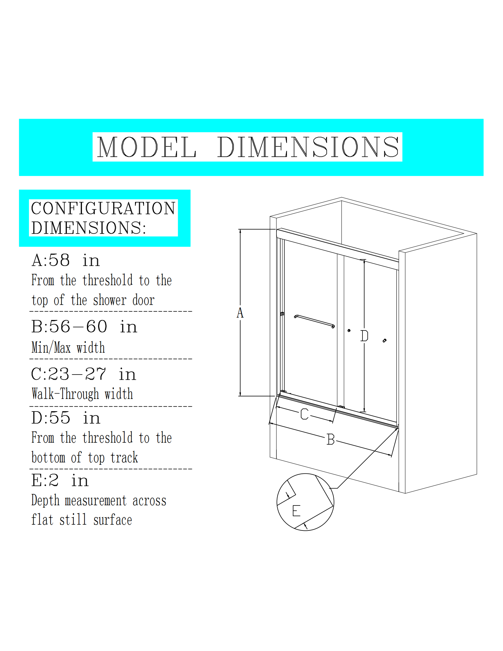 56"-60"W x 58" H  Semi-Frameless Double Sliding Tub Door, Bypass Bathtub Shower, 1/4" (6mm) Thick SGCC Tempered Glass Door,  Chrome