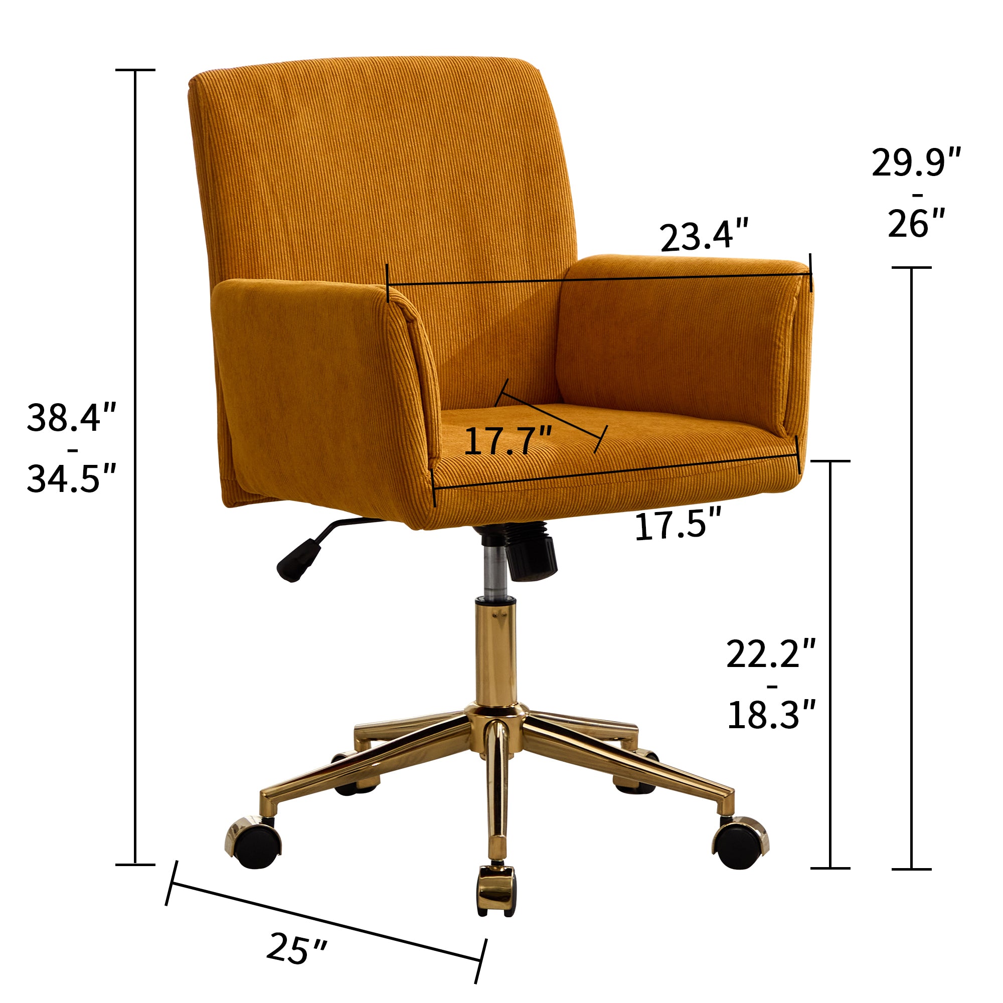 TS Corduroy home decor office desk and chair, modern height adjustable 360 ° armchair with gold base, ergonomic computer chair, leisure chair 1pc Yellow