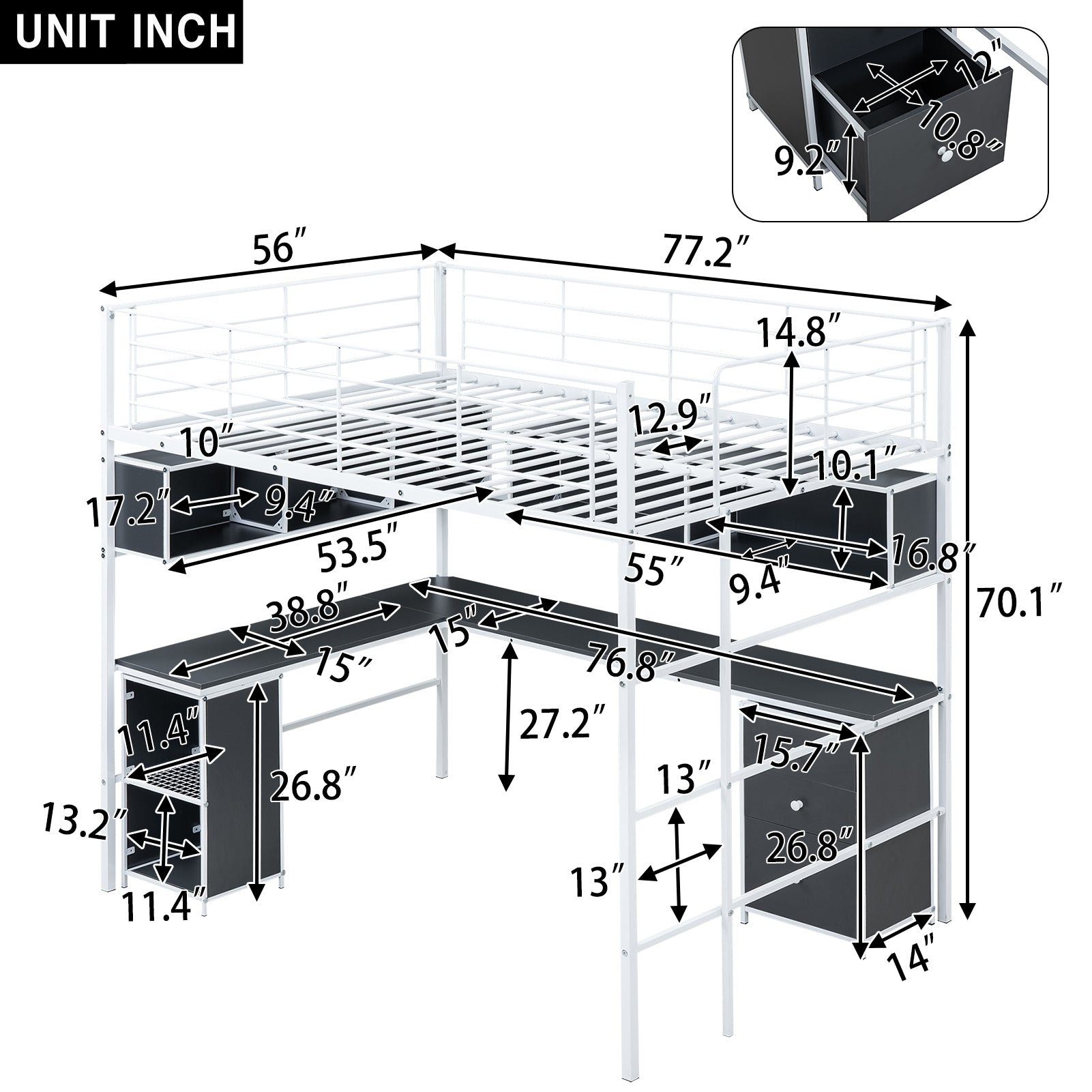 Metal Loft Bed with bookcase, desk and cabinet, Full, White