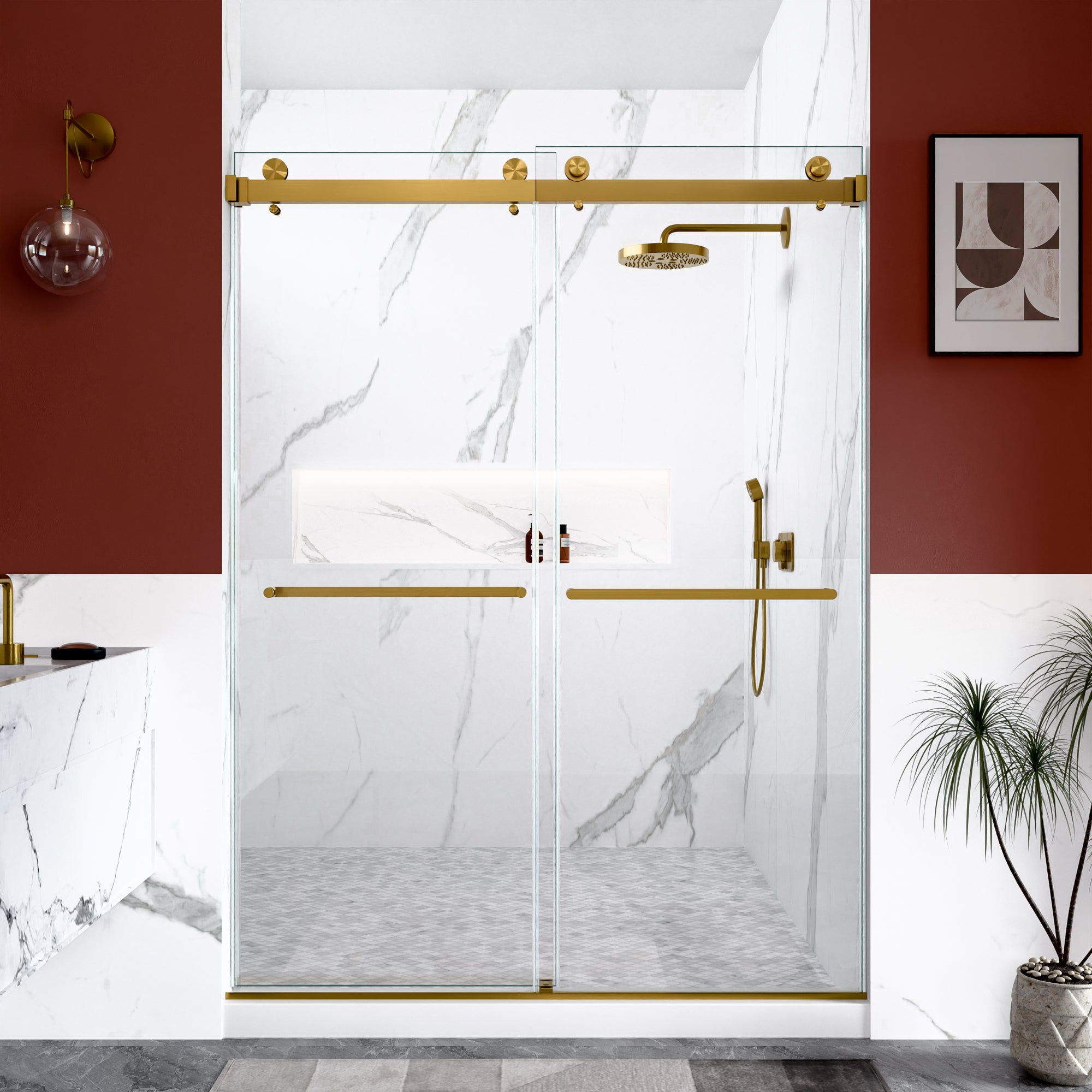 56-60 x 80 in Frameless Double Sliding Shower Door - 56-60 x 80 in / Brushed Gold view 1