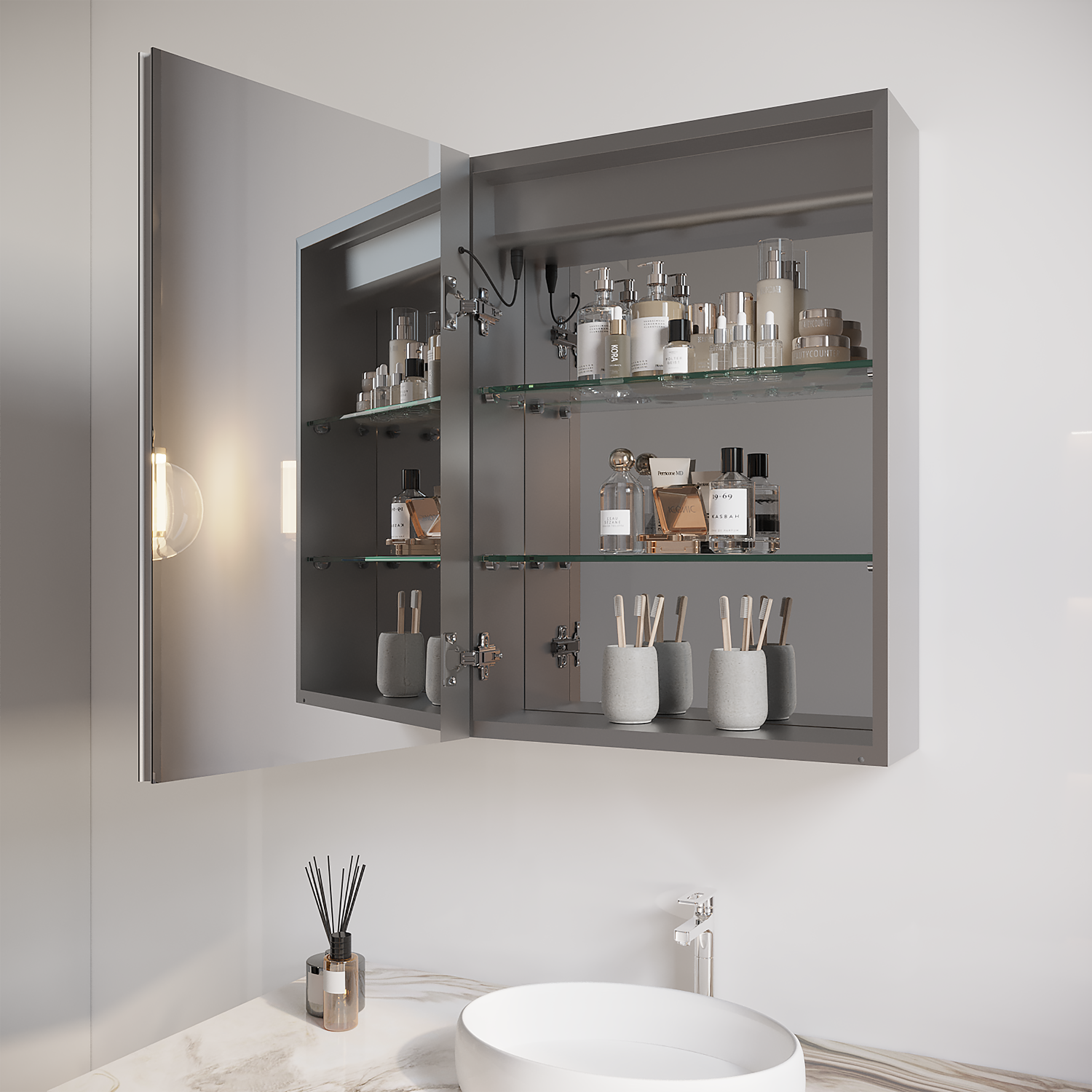 26x20 inch Bathroom Medicine Cabinet with LED Mirror, Anti-Fog, Waterproof, 3000K~6000K Single Door Lighted Bathroom Cabinet with Touch Swich, Dimmable,Recessed or Surface Mount (Left Door)