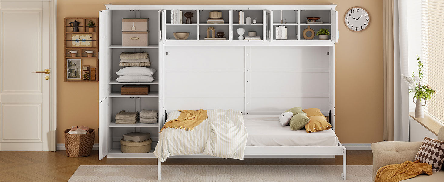 Queen Size Murphy Bed Wall Bed with Cabinets,White