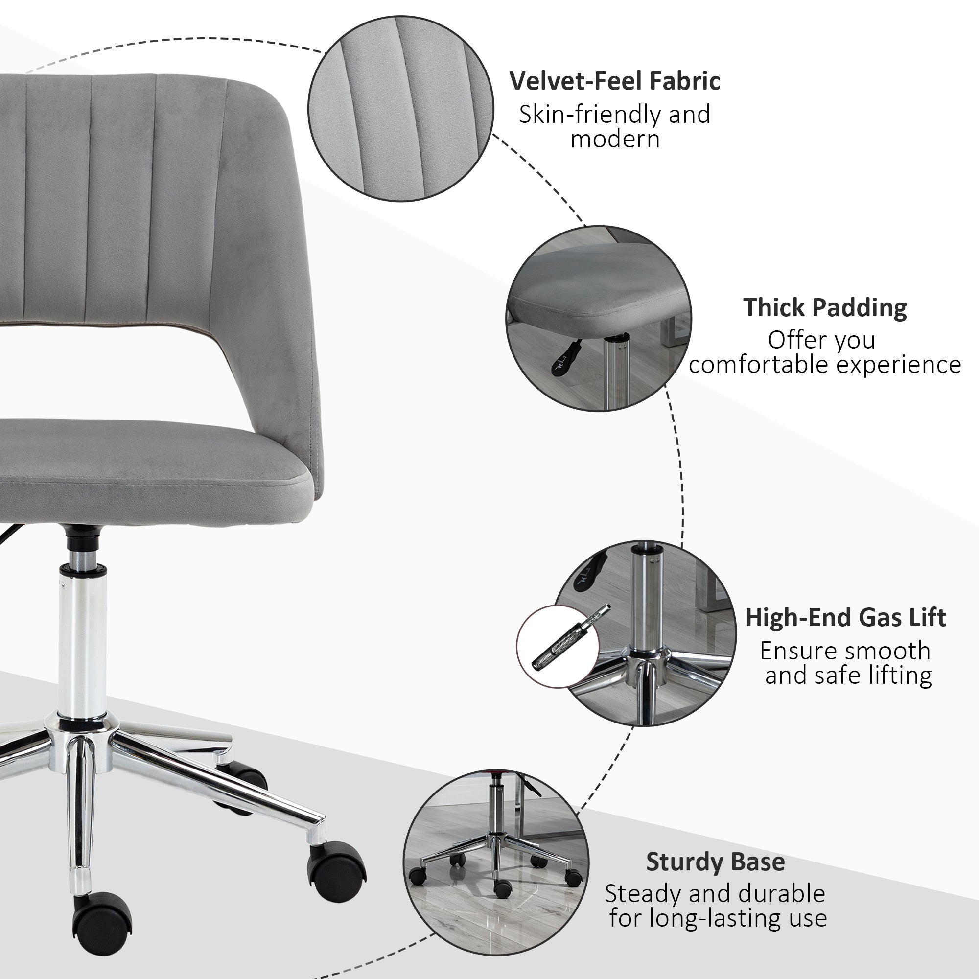 Vinsetto Modern Mid Back Office Chair with Velvet Fabric, Swivel Computer Armless Desk Chair with Hollow Back Design for Home Office, Grey