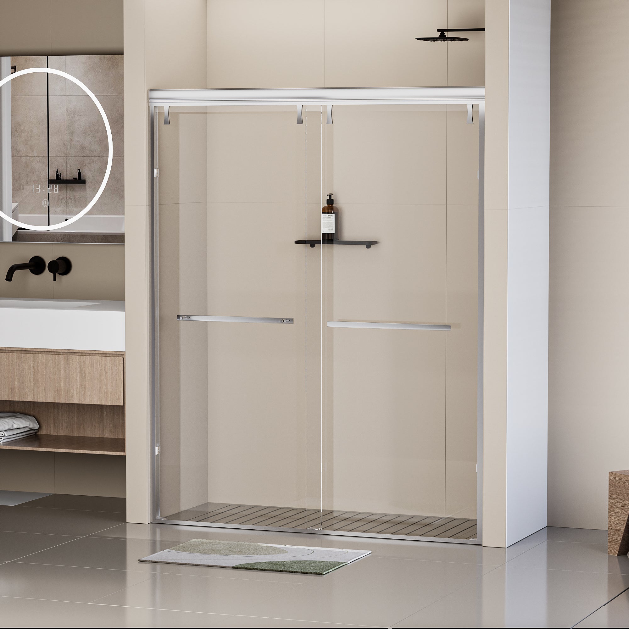 56-60"W x 76"H Semi-Frameless Shower Door, Double Sliding Shower Door, 5/16" (8mm) Clear Tempered Glass Shower Door with Explosion-Proof Film, Chrome 24D212-60C-COMBO