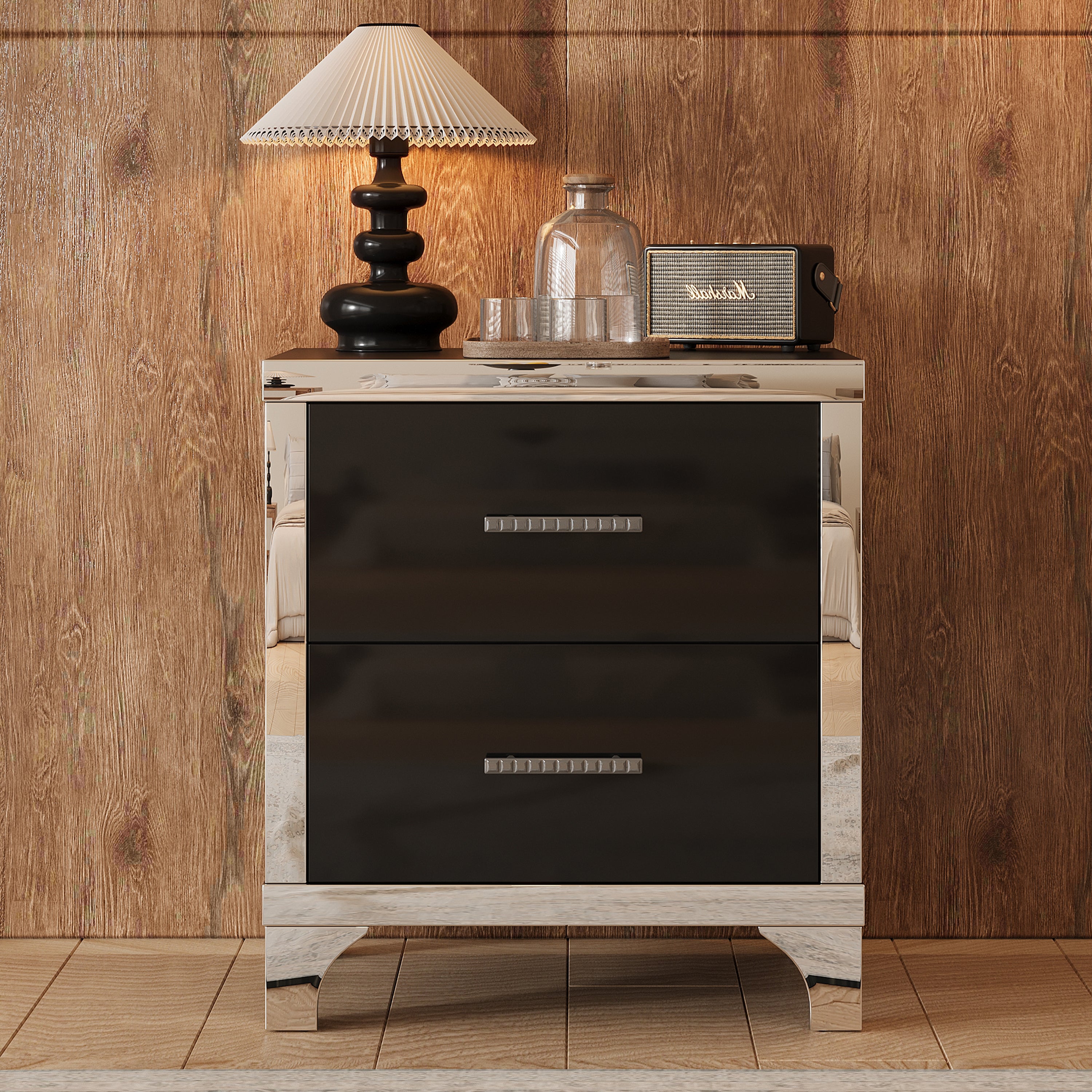 High gloss black nightstand with metal handles, side view