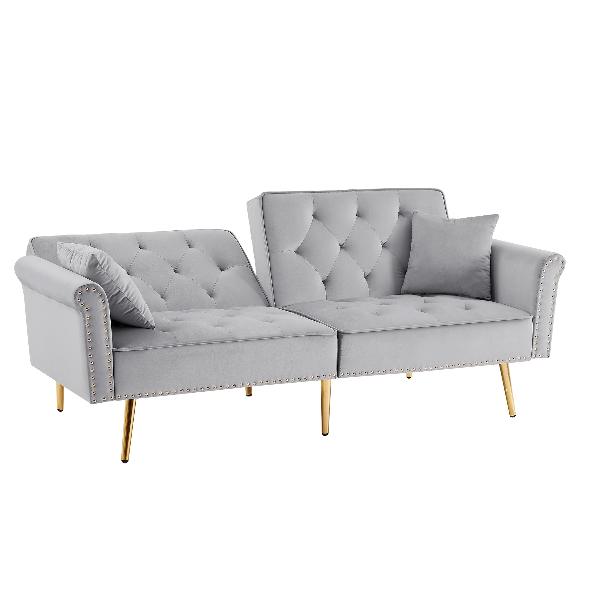 GREY Velvet Tufted Sofa Couch with 2 Pillows and Nailhead Trim