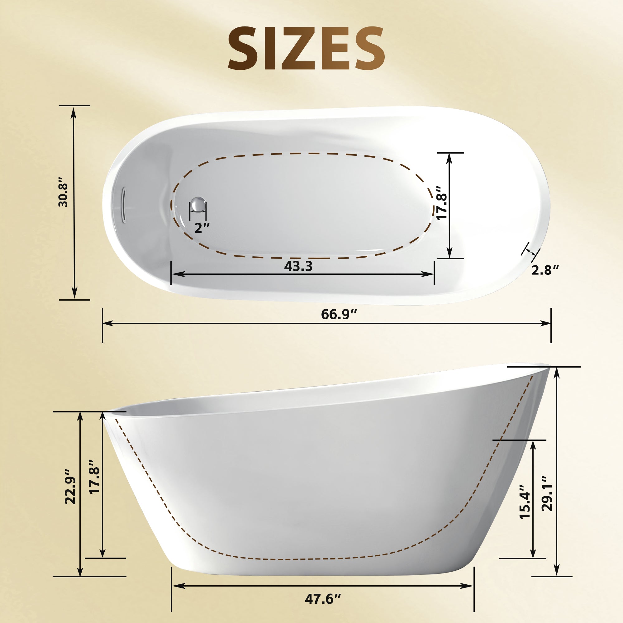 Special-shaped freestanding bathtub gloss white finish, front view