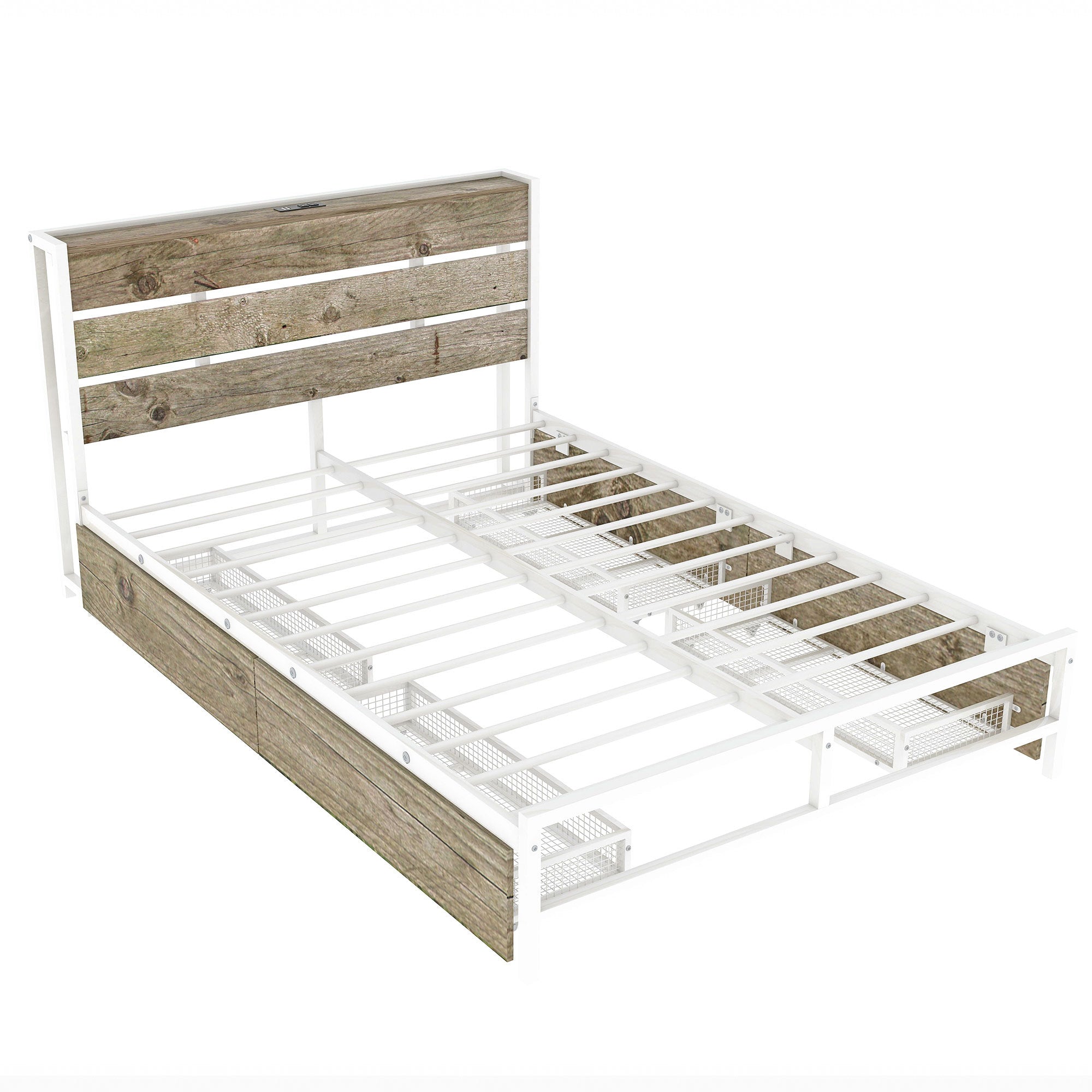 Metal Platform Bed With Four drawers, Sockets and USB Ports, Full, White