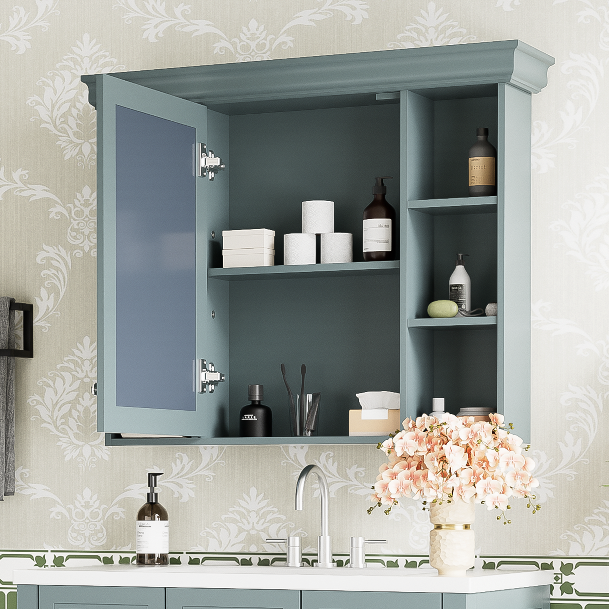 35'' x 28'' Blue Wall Mounted Bathroom Storage Cabinet with Mirror Door, Modern Bathroom Wall Cabinet with Mirror, Medicine Cabinet with 6 Open Shelves