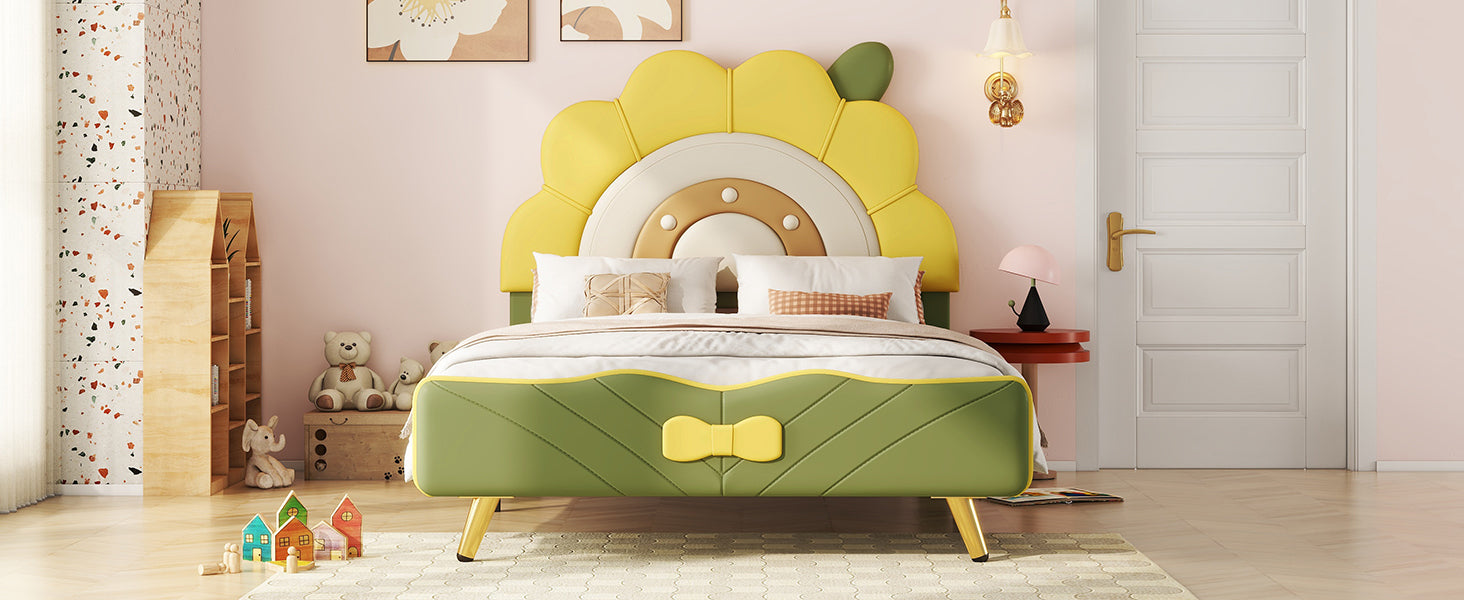 Twin Size Upholstered Platform Bed with Sunflower Shaped Headboard, Green