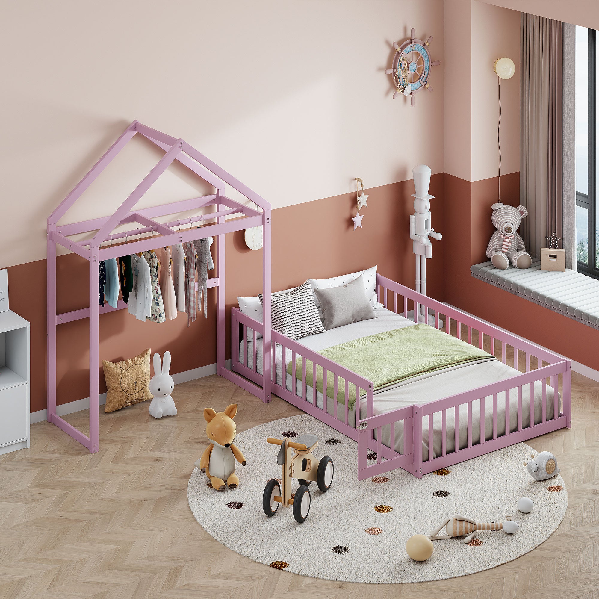 Wooden Floor Bed with Fence Railings and Detachable House Shape Headboard,Full Size Bed with Kids Dress Up Rack, Kids Montessori Style Playhouse Frame for Girls Boys, Pink