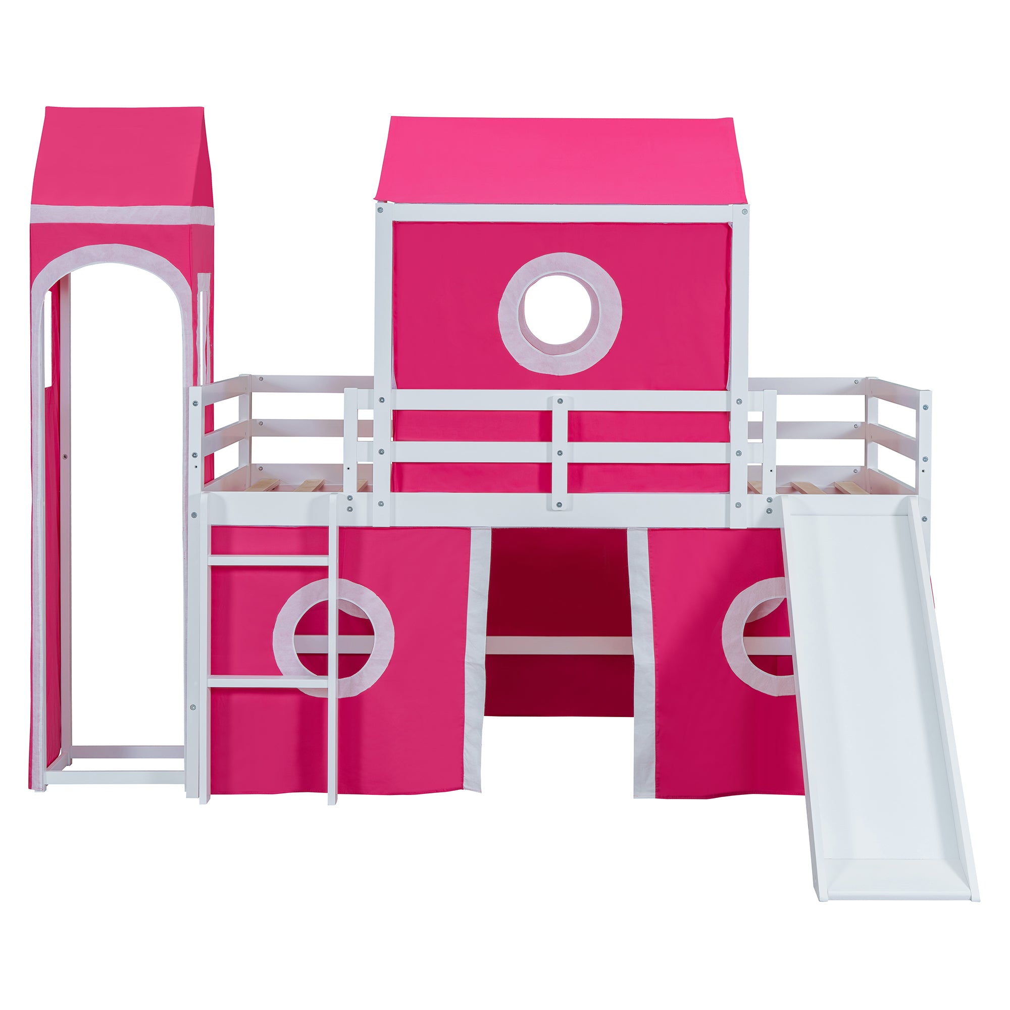 Twin Size Loft  Bed with Slide Pink Tent and Tower - Pink (OLD SKU:WF298769AAH)