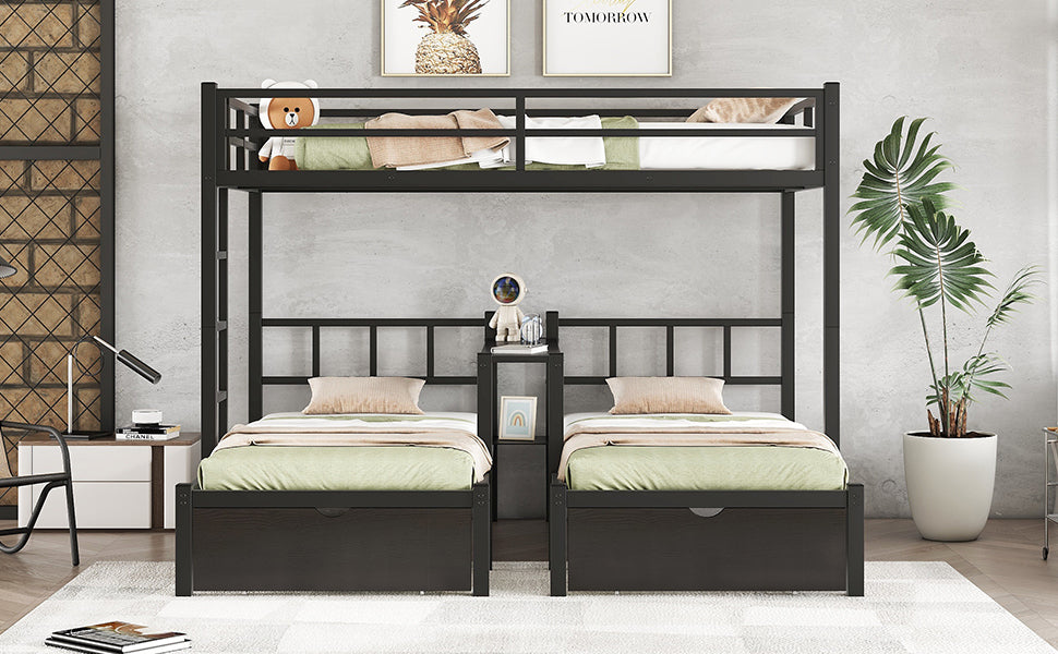 FULL XL Over Twin & Twin Triple Bunk Bed with Drawers, Multi-functional Metal Frame Bed with desks and shelves in the middle, Black