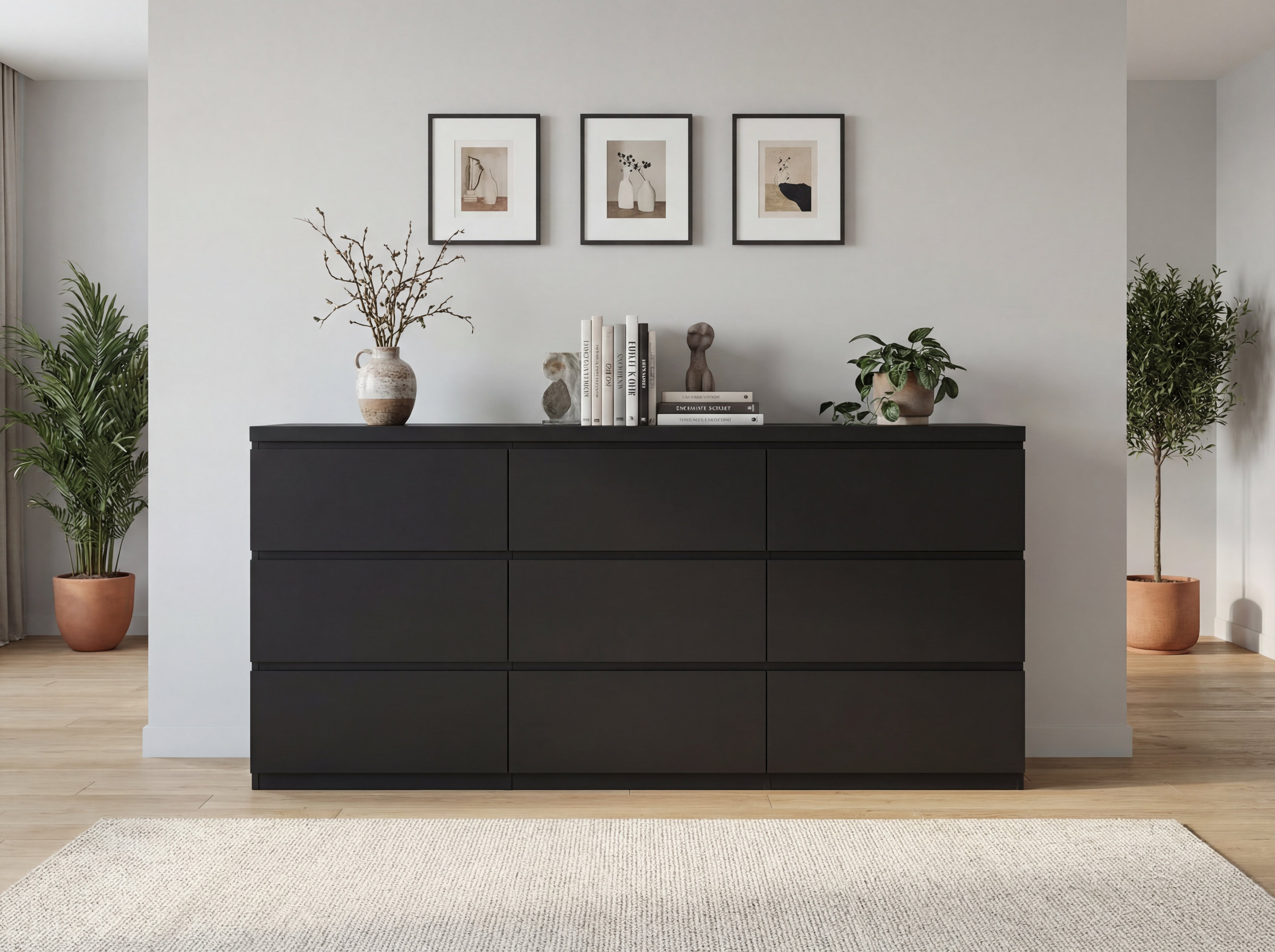 Black matte wood 9-drawer dresser, handleless front, angled view