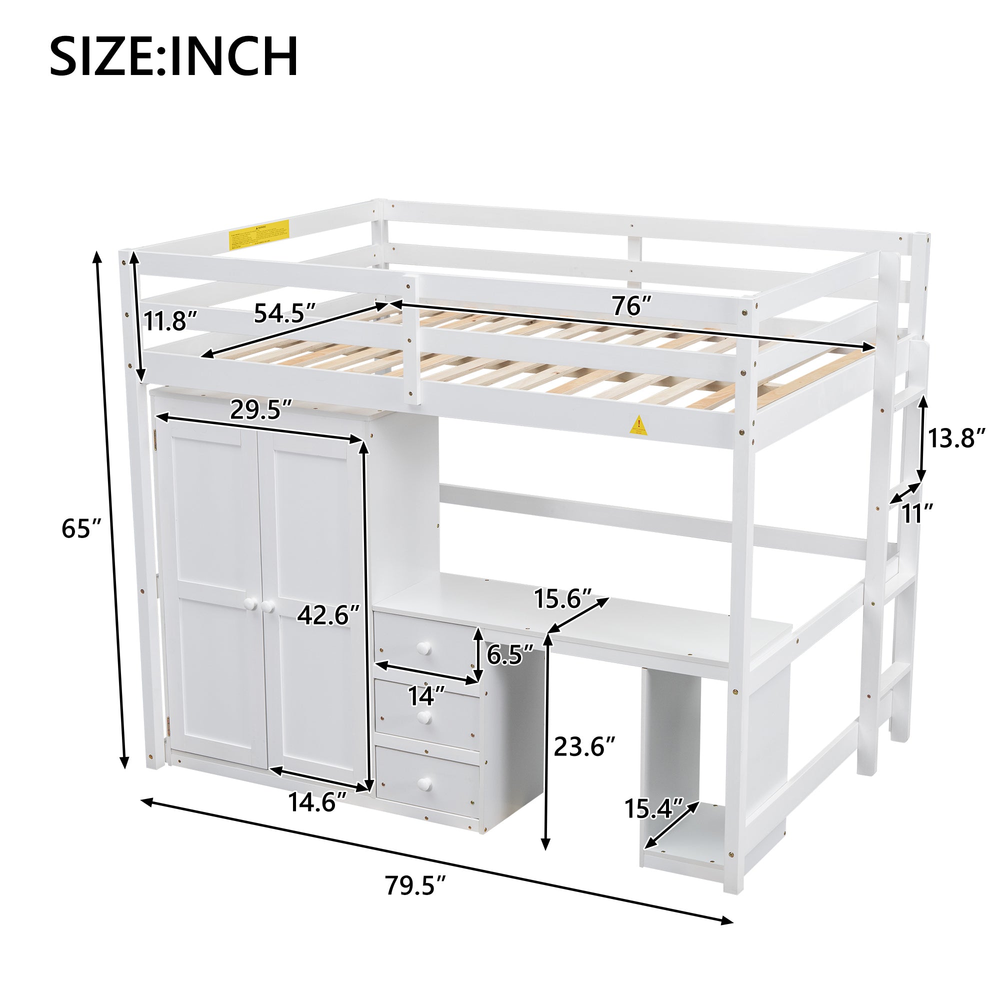 Full Size Loft Bed with Wardrobe, Desk and Storage Drawers, White