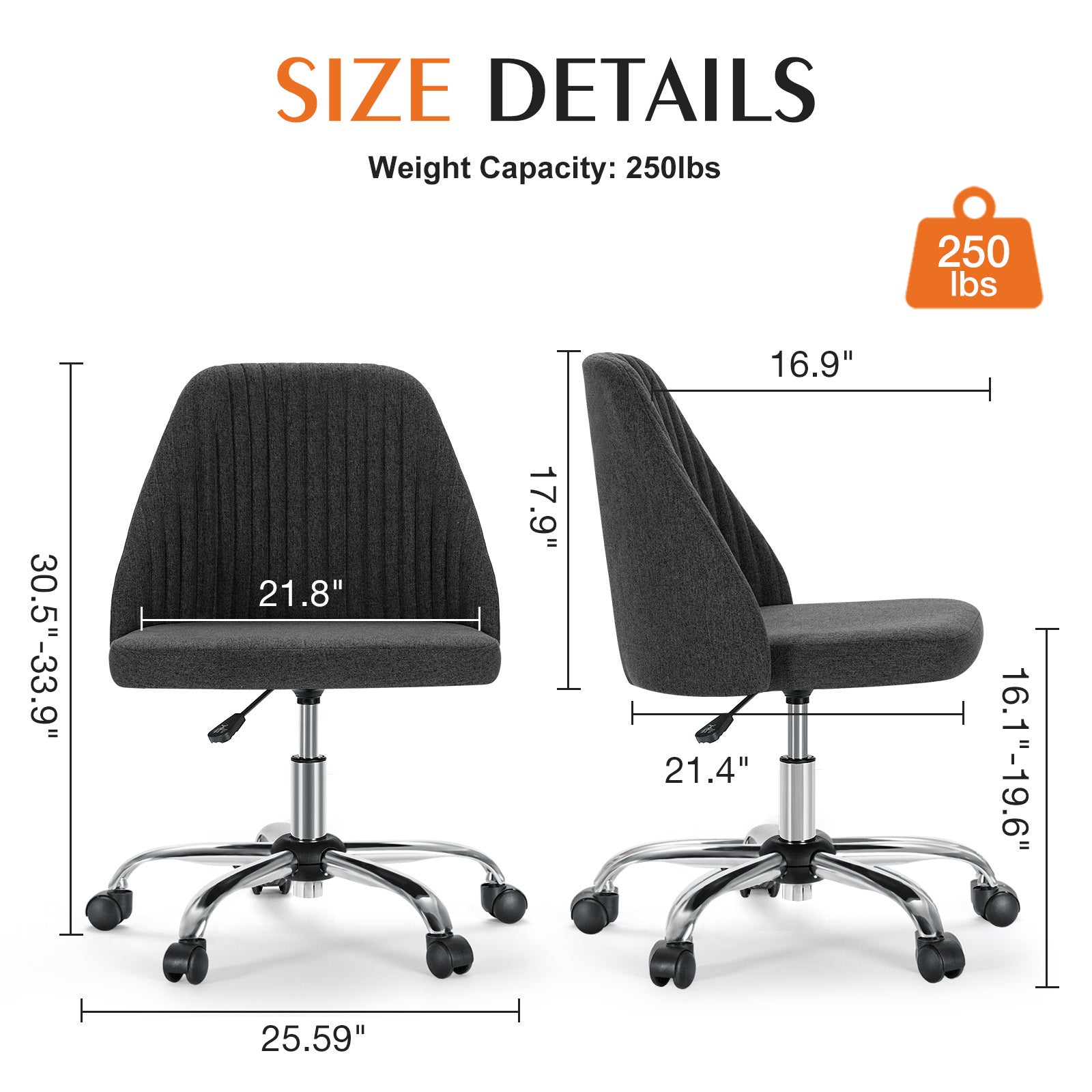 Sweetcrispy Armless Home Office  Desk Chair with Wheels Adjustable Swivel Task Computer Vanity Chair for Small Spaces