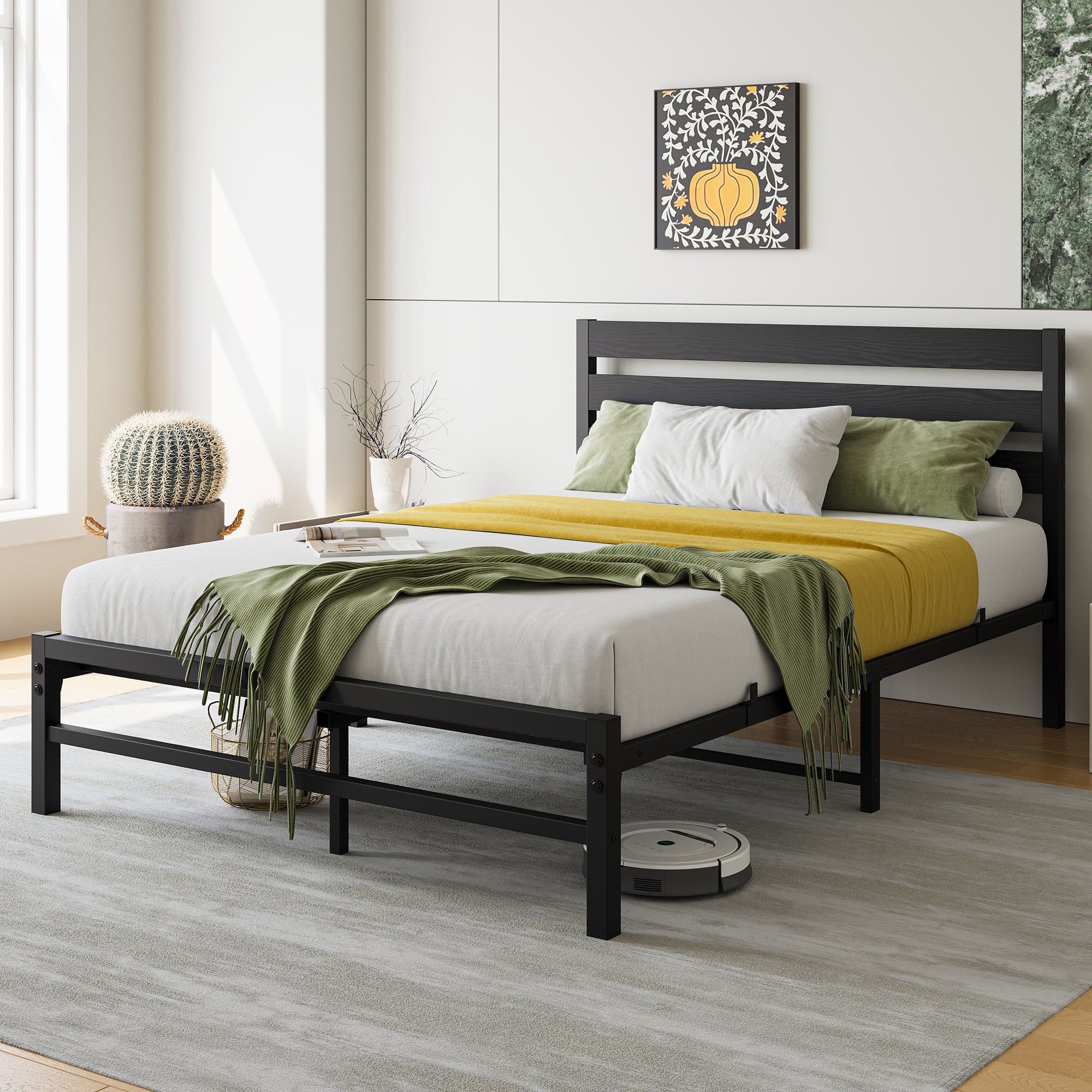 Full Size Platform Bed Frame with Rustic Vintage Wood Headboard, No Box Spring Needed Black