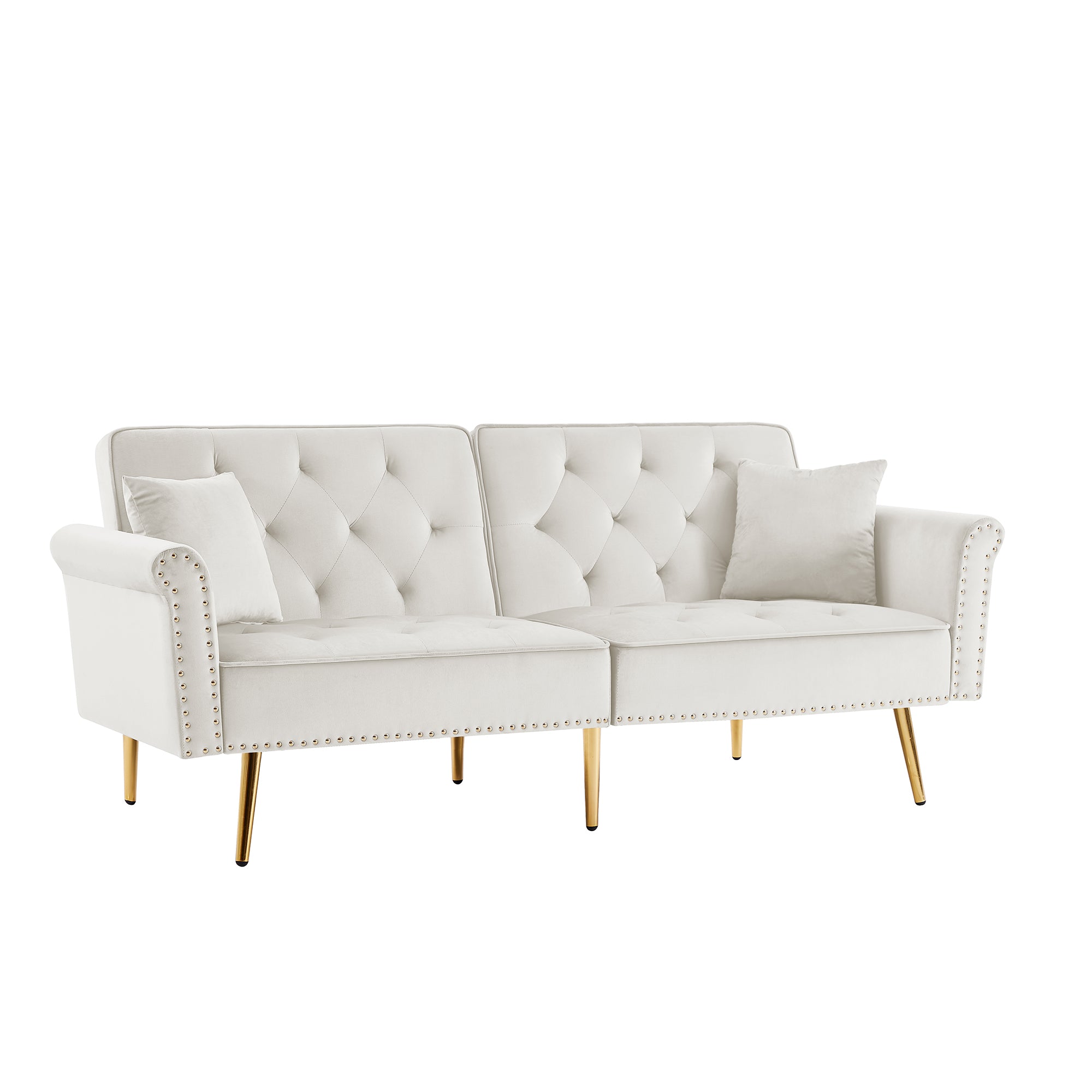 BEIGE Velvet Tufted Sofa Couch with 2 Pillows and Nailhead Trim