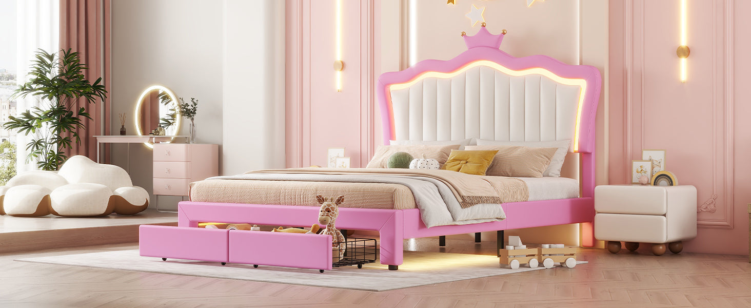 Full Size Upholstered Bed Frame with LED Lights, Modern Upholstered Princess Bed with Crown Headboard, 2 Drawers, Pink+White