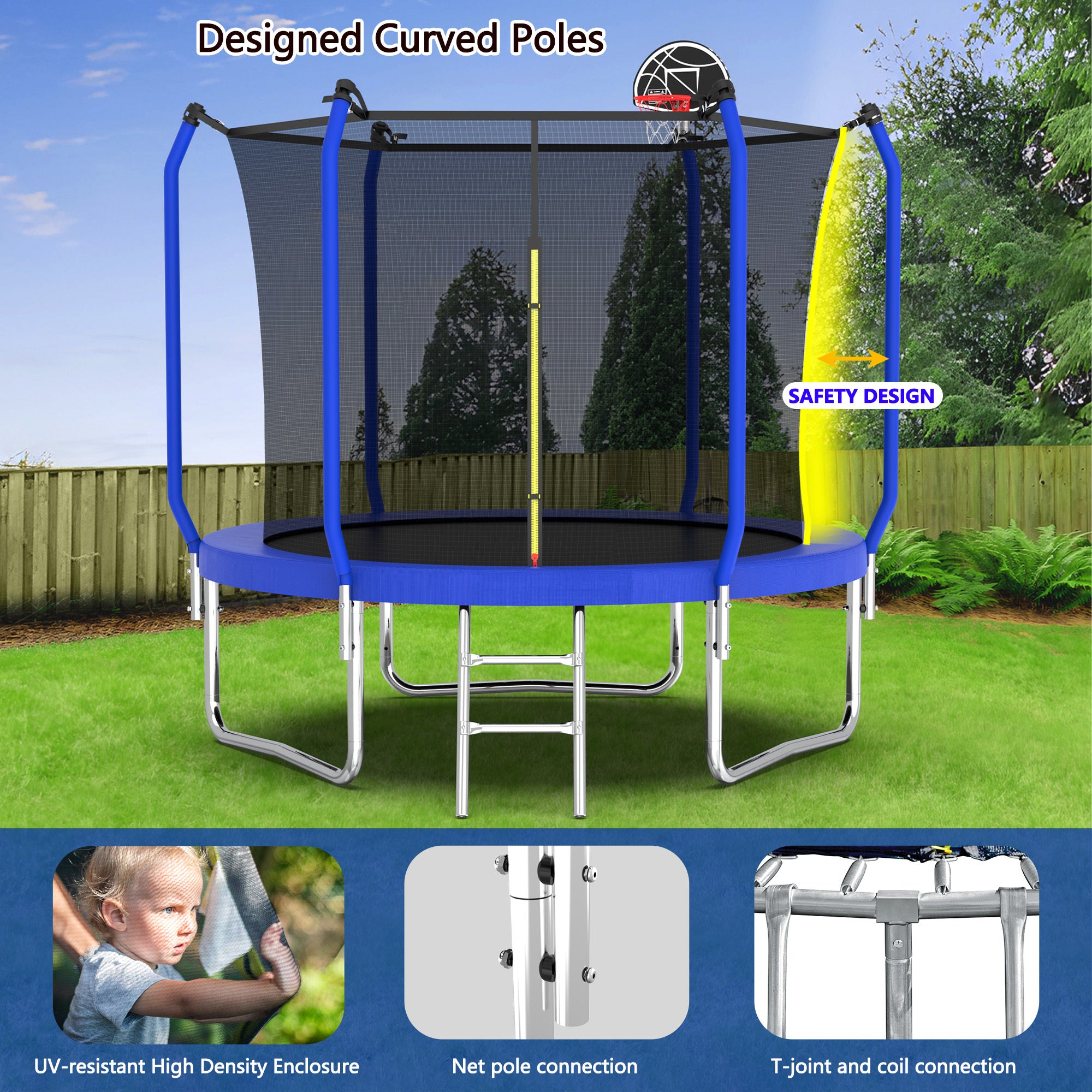 10FT Trampoline with Basketball Hoop,  ASTM Approved Reinforced Type Outdoor Trampoline with Enclosure Net